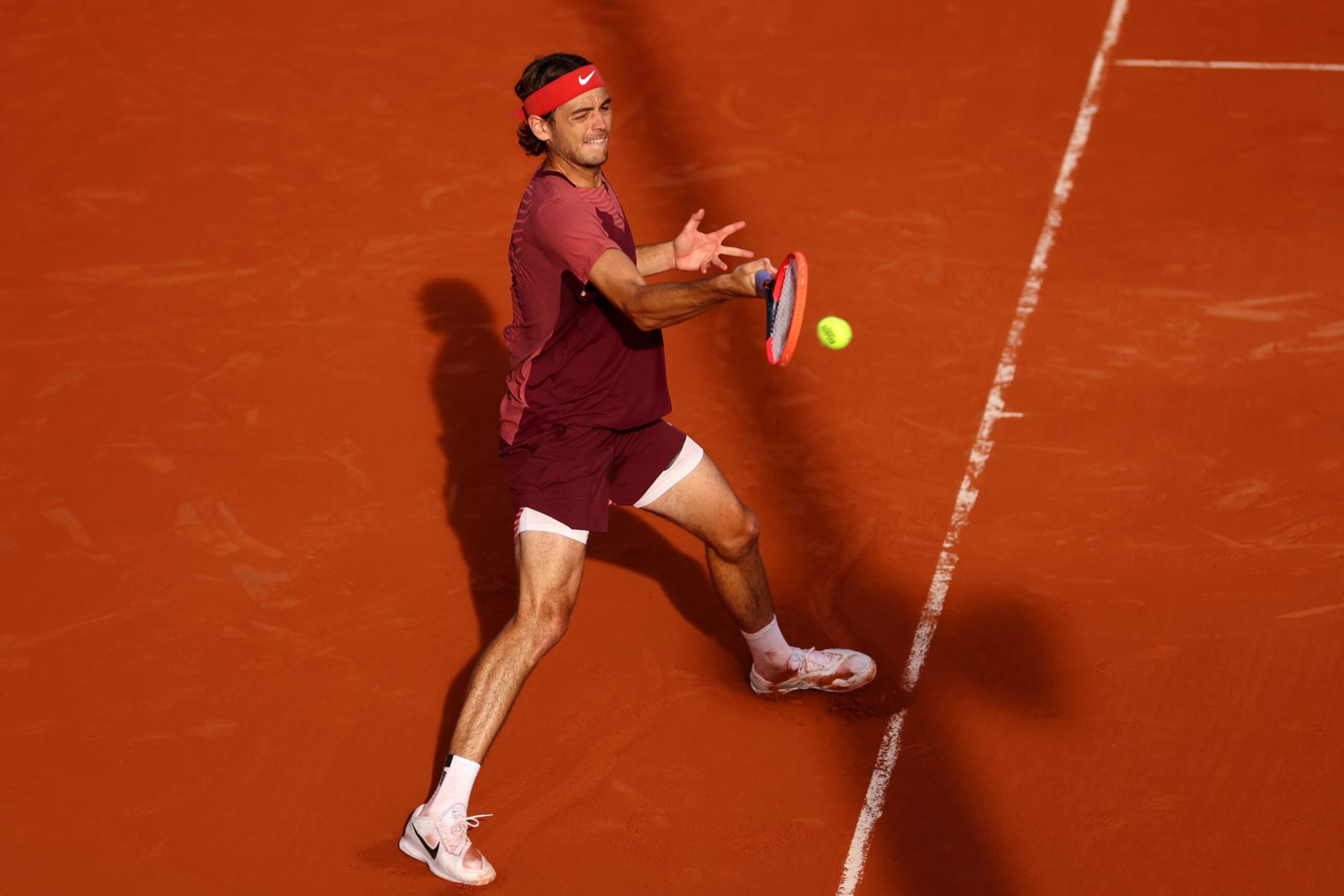 PARIS, FRANCE - MAY 30: Taylor Fritz of United States plays a forehand against Michael Mmoh of United States during their Men's Singles First Round Match on Day Three of the 2023 French Open at Roland Garros on May 30, 2023 in Paris, France. (Photo by Clive Brunskill/Getty Images)