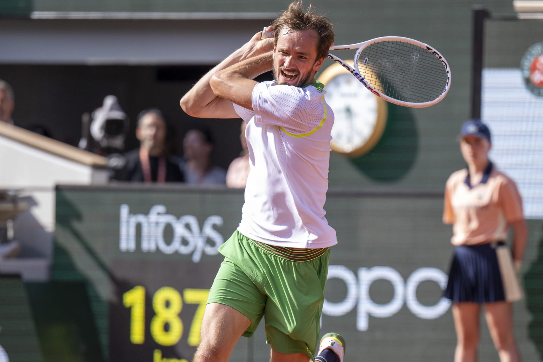 PARIS, FRANCE - MAY 30: Daniel Medvedev in action during his Singles First Round Match against Thiago Seyboth Wild of Brazil  on Day Three of the 2023 French Open at Roland Garros on May 30, 2023 in Paris, France. (Photo by Eurasia Sport Images/Getty Images)