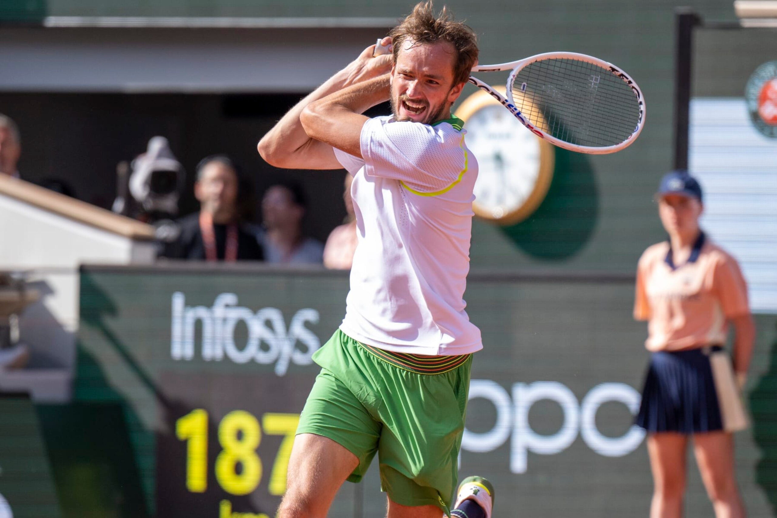 PARIS, FRANCE - MAY 30: Daniel Medvedev in action during his Singles First Round Match against Thiago Seyboth Wild of Brazil  on Day Three of the 2023 French Open at Roland Garros on May 30, 2023 in Paris, France. (Photo by Eurasia Sport Images/Getty Images)