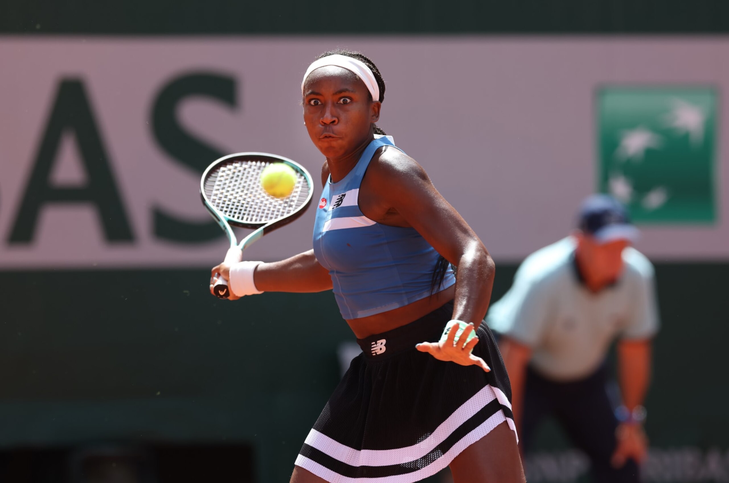 PARIS, FRANCE - MAY 30: Coco Gauff of United States is seen in action during her Singles First Round Match against Rebeka Masarova of Spain on Day Three of the 2023 French Open at Roland Garros on May 30, 2023 in Paris, France. (Photo by Ian MacNicol/Getty Images)