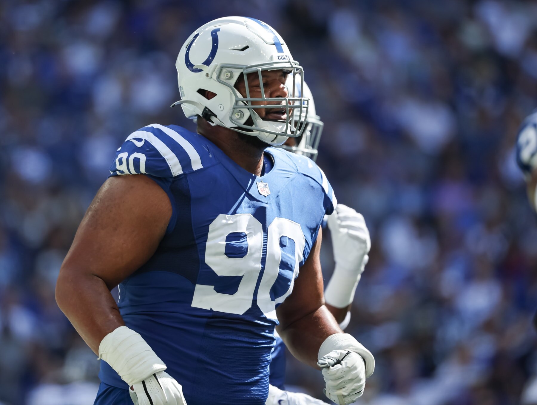 INDIANAPOLIS, IN - OCTOBER 02: Grover Stewart #90 of the Indianapolis Colts is seen during the game against the Tennessee Titans at Lucas Oil Stadium on October 2, 2022 in Indianapolis, Indiana. (Photo by Michael Hickey/Getty Images)
