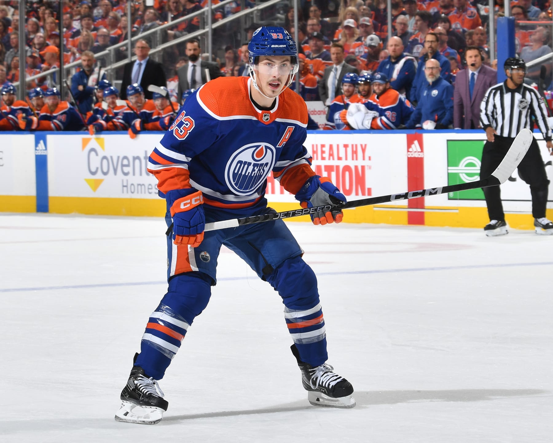 EDMONTON, CANADA - MAY 14: Ryan Nugent-Hopkins #93 of the Edmonton Oilers skates against the Vegas Golden Knights in Game Six of the Second Round of the 2023 Stanley Cup Playoffs at Rogers Place on May 14, 2023, in Edmonton, Alberta, Canada. (Photo by Andy Devlin/NHLI via Getty Images)