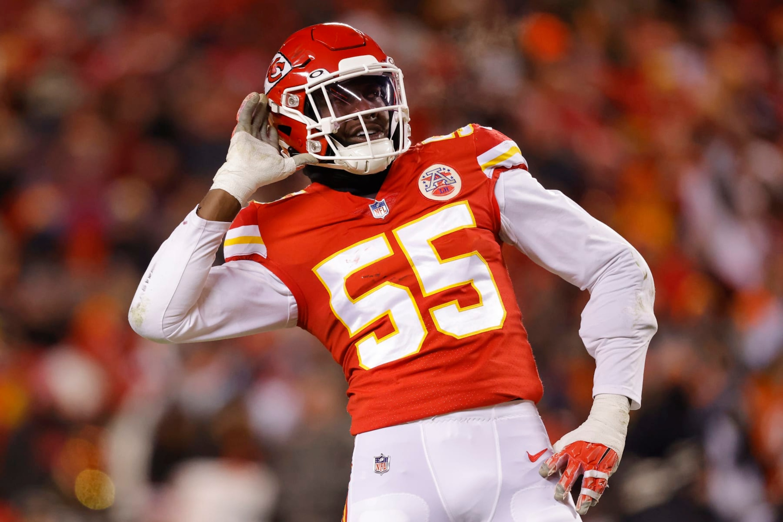 KANSAS CITY, MISSOURI - JANUARY 29: Frank Clark #55 of the Kansas City Chiefs reacts after a sack against the Cincinnati Bengals during the first quarter in the AFC Championship Game at GEHA Field at Arrowhead Stadium on January 29, 2023 in Kansas City, Missouri. (Photo by David Eulitt/Getty Images)
