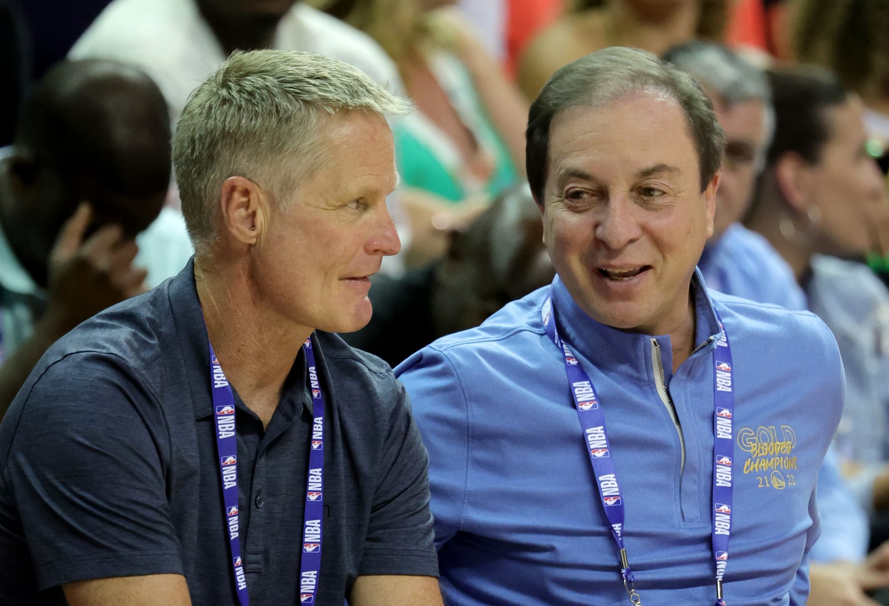 LAS VEGAS, NEVADA - JULY 10: Head coach Steve Kerr (L) and governor Joe Lacob of the Golden State Warriors look on during a game between the Warriors and the San Antonio Spurs during the 2022 NBA Summer League at the Thomas & Mack Center on July 10, 2022 in Las Vegas, Nevada. NOTE TO USER: User expressly acknowledges and agrees that, by downloading and or using this photograph, User is consenting to the terms and conditions of the Getty Images License Agreement. (Photo by Ethan Miller/Getty Images)