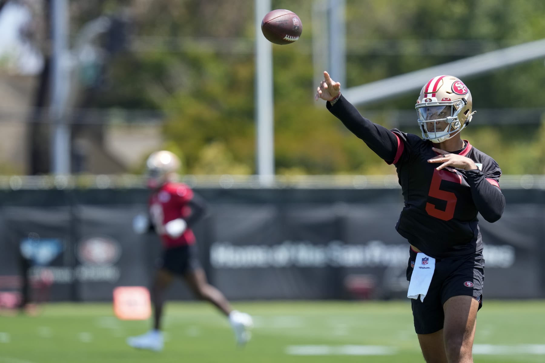 San Francisco 49ers quarterback Trey Lance throws a pass during NFL football practice Tuesday, May 23, 2023, in Santa Clara, Calif. (AP Photo/Godofredo A. Vásquez)