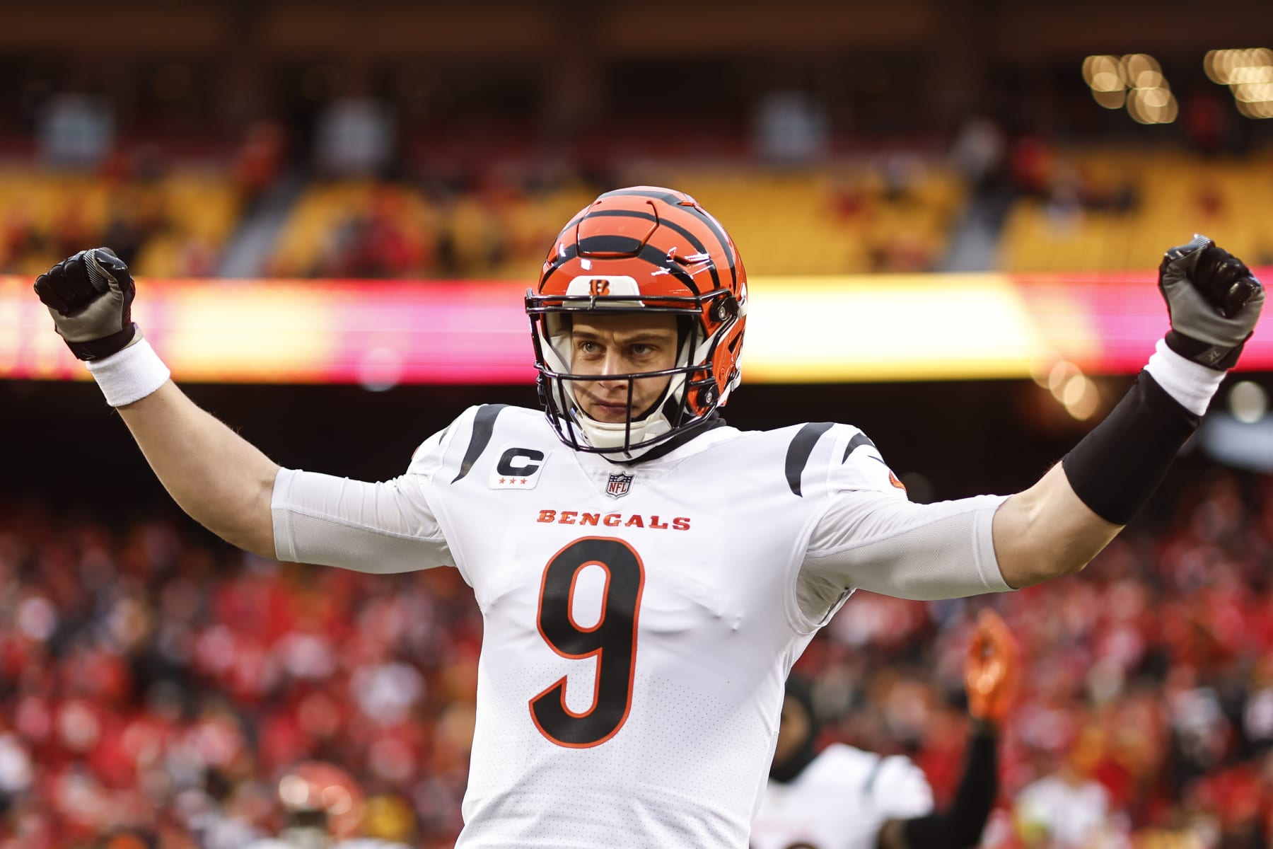 KANSAS CITY, MISSOURI - JANUARY 29: Joe Burrow #9 of the Cincinnati Bengals stretches prior to the AFC Championship NFL football game between the Kansas City Chiefs and the Cincinnati Bengals at GEHA Field at Arrowhead Stadium on January 29, 2023 in Kansas City, Missouri. (Photo by Michael Owens/Getty Images)