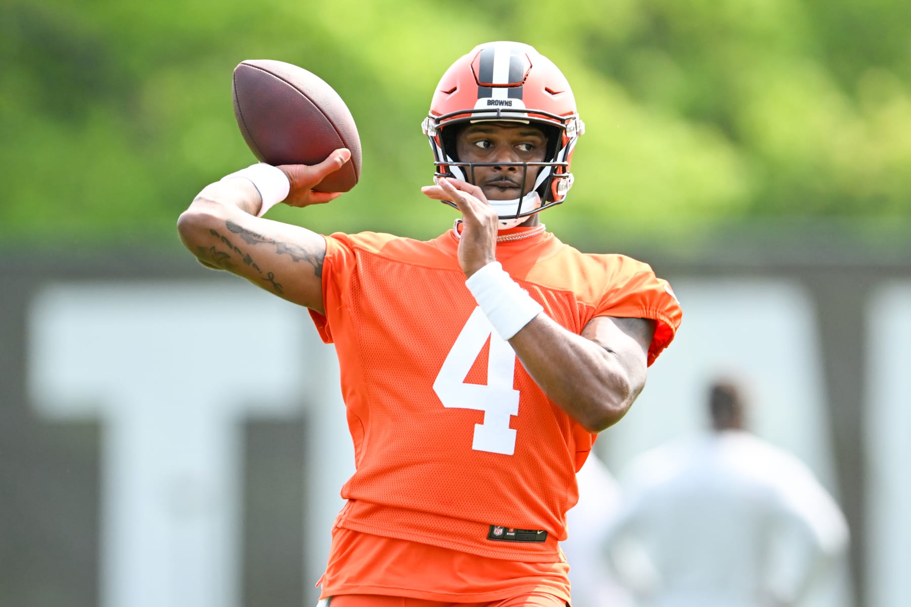 BEREA, OHIO - MAY 24: Deshaun Watson #4 of the Cleveland Browns throws a pass during the Cleveland Browns OTAs at CrossCountry Mortgage Campus on May 24, 2023 in Berea, Ohio. (Photo by Nick Cammett/Diamond Images via Getty Images)
