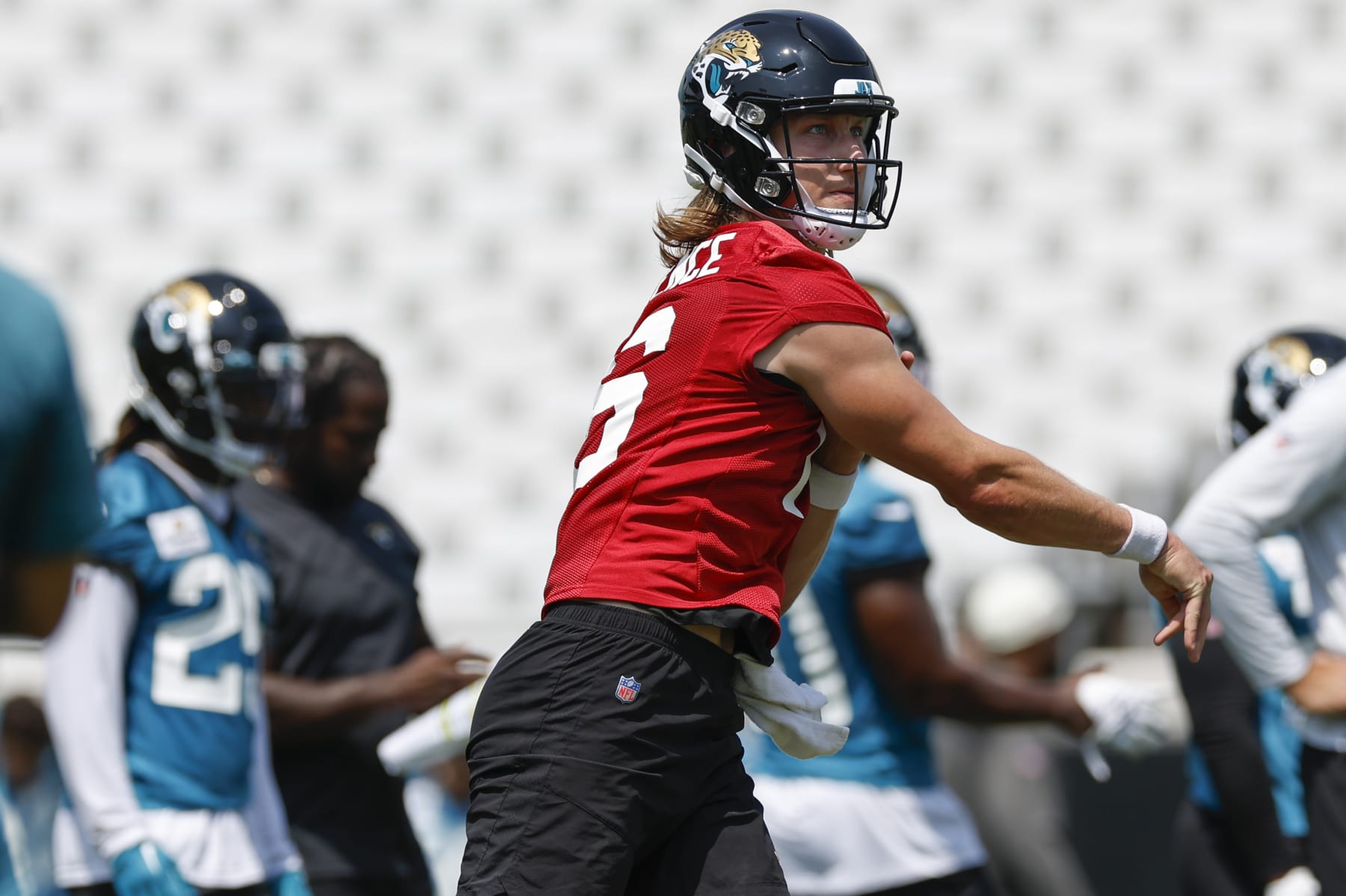JACKSONVILLE, FL - MAY 30: Jacksonville Jaguars Quarterback Trevor Lawrence (16)  throws a pass during the Jacksonville Jaguars OTA on May 30, 2023 at TIAA Bank Field in Jacksonville, Fl. (Photo by David Rosenblum/Icon Sportswire via Getty Images)