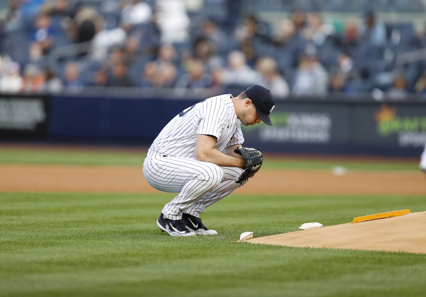 NEW YORK, NY - May 23: Gerrit Cole #45 of the New York Yankees takes a moment by the pitchers mound before a game against the Baltimore Orioles at Yankee Stadium on May 23, 2023, in New York, New York. (Photo by New York Yankees/Getty Images)