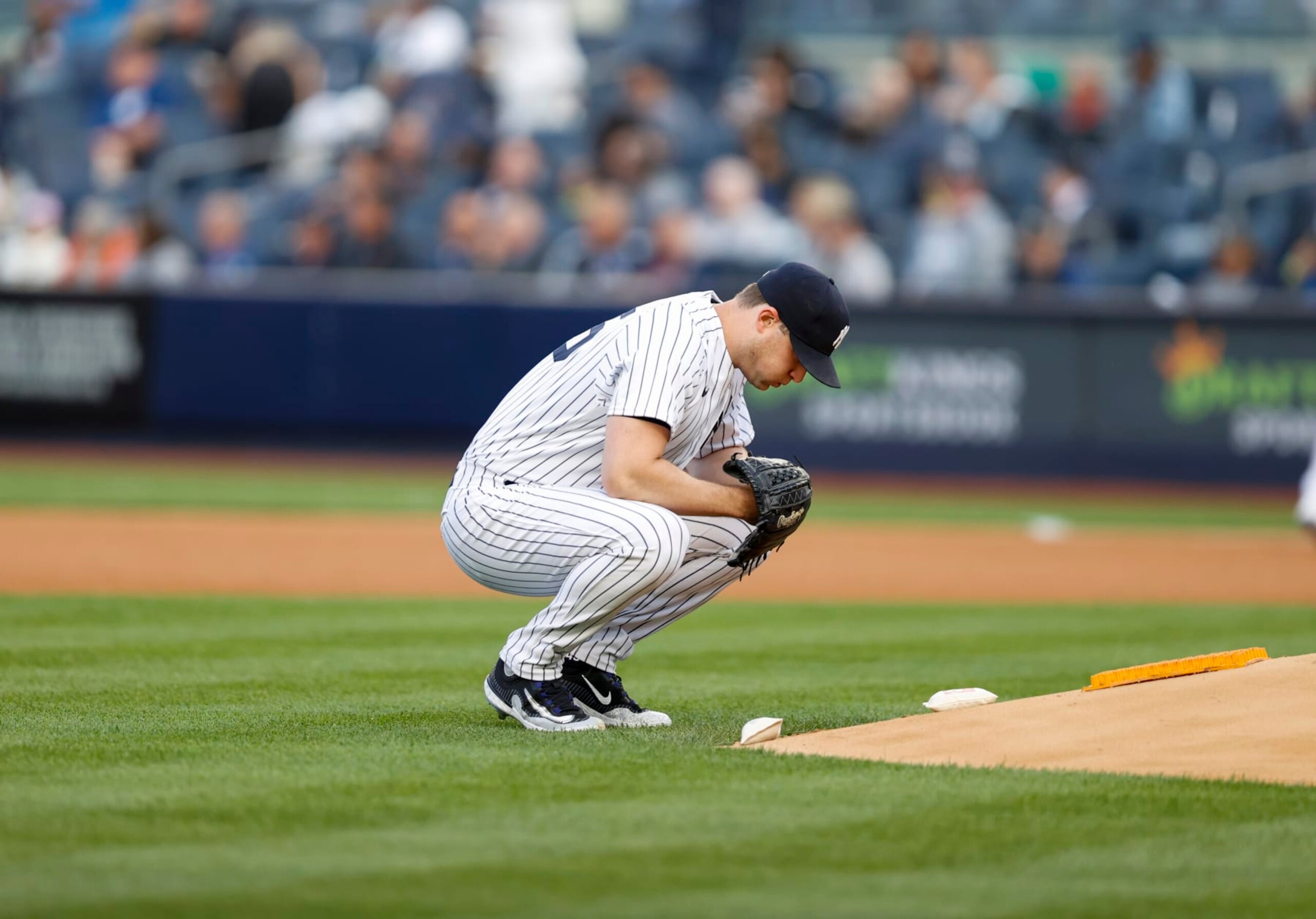 NEW YORK, NY - May 23: Gerrit Cole #45 of the New York Yankees takes a moment by the pitchers mound before a game against the Baltimore Orioles at Yankee Stadium on May 23, 2023, in New York, New York. (Photo by New York Yankees/Getty Images)