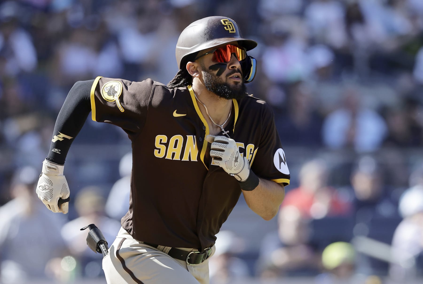 BRONX, NEW YORK - MAY 28:  Fernando Tatis Jr. #23 of the San Diego Padres in action against the New York Yankees at Yankee Stadium on May 28, 2023 in Bronx, New York. The Yankees defeated the Padres 10-7. (Photo by Jim McIsaac/Getty Images)