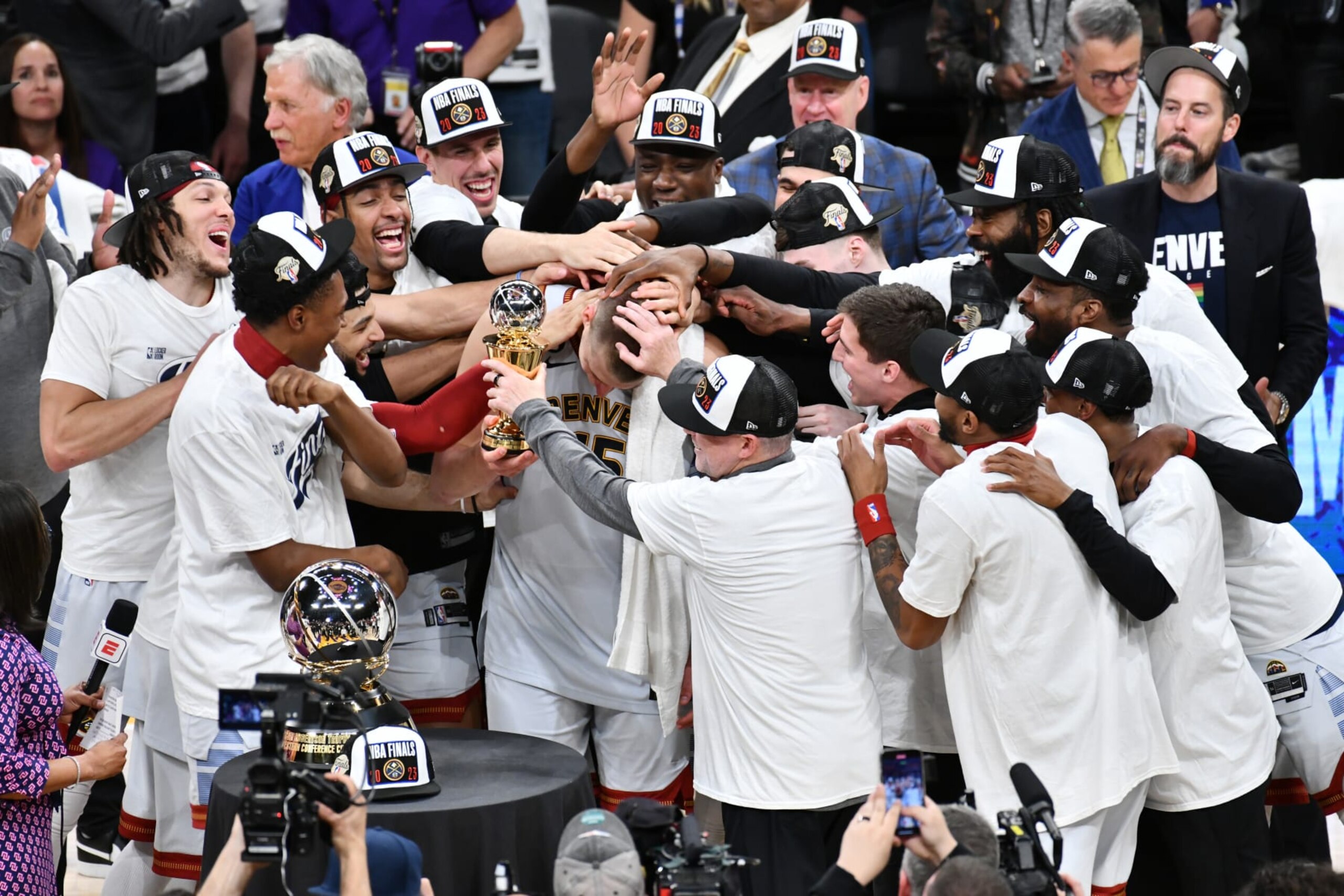 LOS ANGELES, CALIFORNIA - MAY 22: Nikola Jokic #15 of the Denver Nuggets celebrates with teammates after receiving the Most Valuable Player Trophy following game four of the Western Conference Finals against the Los Angeles Lakers at Crypto.com Arena on May 22, 2023 in Los Angeles, California. NOTE TO USER: User expressly acknowledges and agrees that, by downloading and or using this photograph, User is consenting to the terms and conditions of the Getty Images License Agreement. (Photo by Allen Berezovsky/Getty Images) LOS ANGELES, CALIFORNIA - MAY 22: Nikola Jokic #15 of the Denver Nuggets celebrates with teammates after receiving the Most Valuable Player Trophy following game four of the Western Conference Finals against the Los Angeles Lakers at Crypto.com Arena on May 22, 2023 in Los Angeles, California. NOTE TO USER: User expressly acknowledges and agrees that, by downloading and or using this photograph, User is consenting to the terms and conditions of the Getty Images License Agreement. (Photo by Allen Berezovsky/Getty Images)