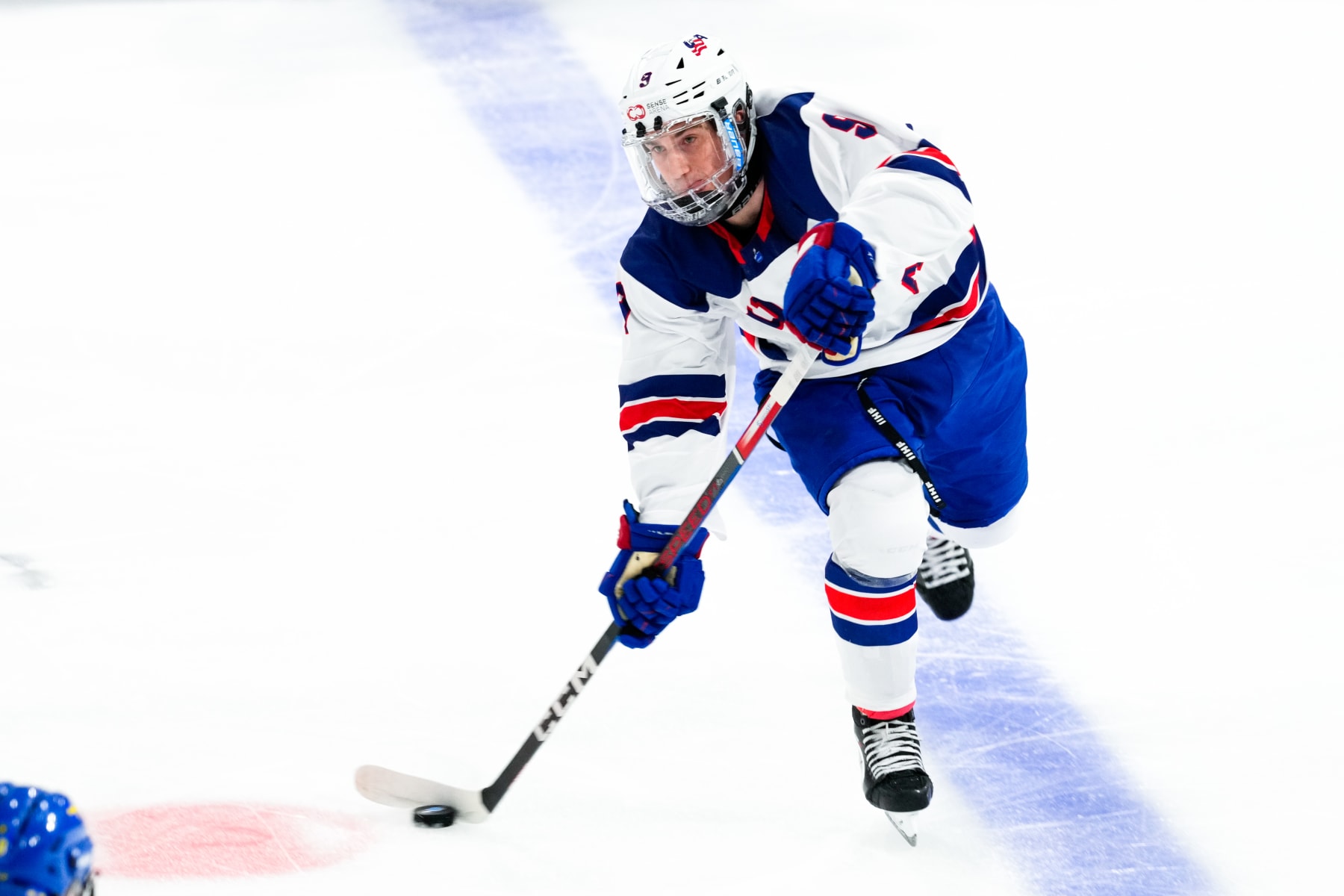 BASEL, SWITZERLAND - APRIL 30: Ryan Leonard of United States in action during final of U18 Ice Hockey World Championship match between United States and Sweden at St. Jakob-Park at St. Jakob-Park on April 30, 2023 in Basel, Switzerland. (Photo by Jari Pestelacci/Eurasia Sport Images/Getty Images)