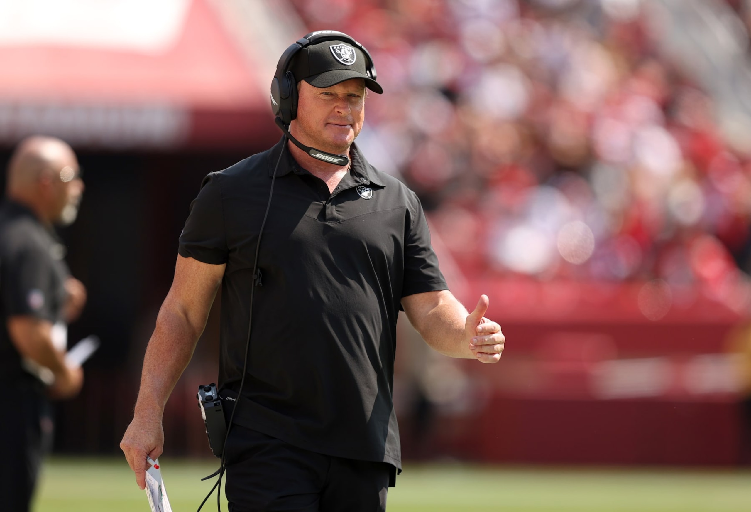 SANTA CLARA, CALIFORNIA - AUGUST 29:  Head coach Jon Gruden of the Las Vegas Raiders walks the sidelines during their preseason game against the San Francisco 49ers at Levi's Stadium on August 29, 2021 in Santa Clara, California. (Photo by Ezra Shaw/Getty Images)