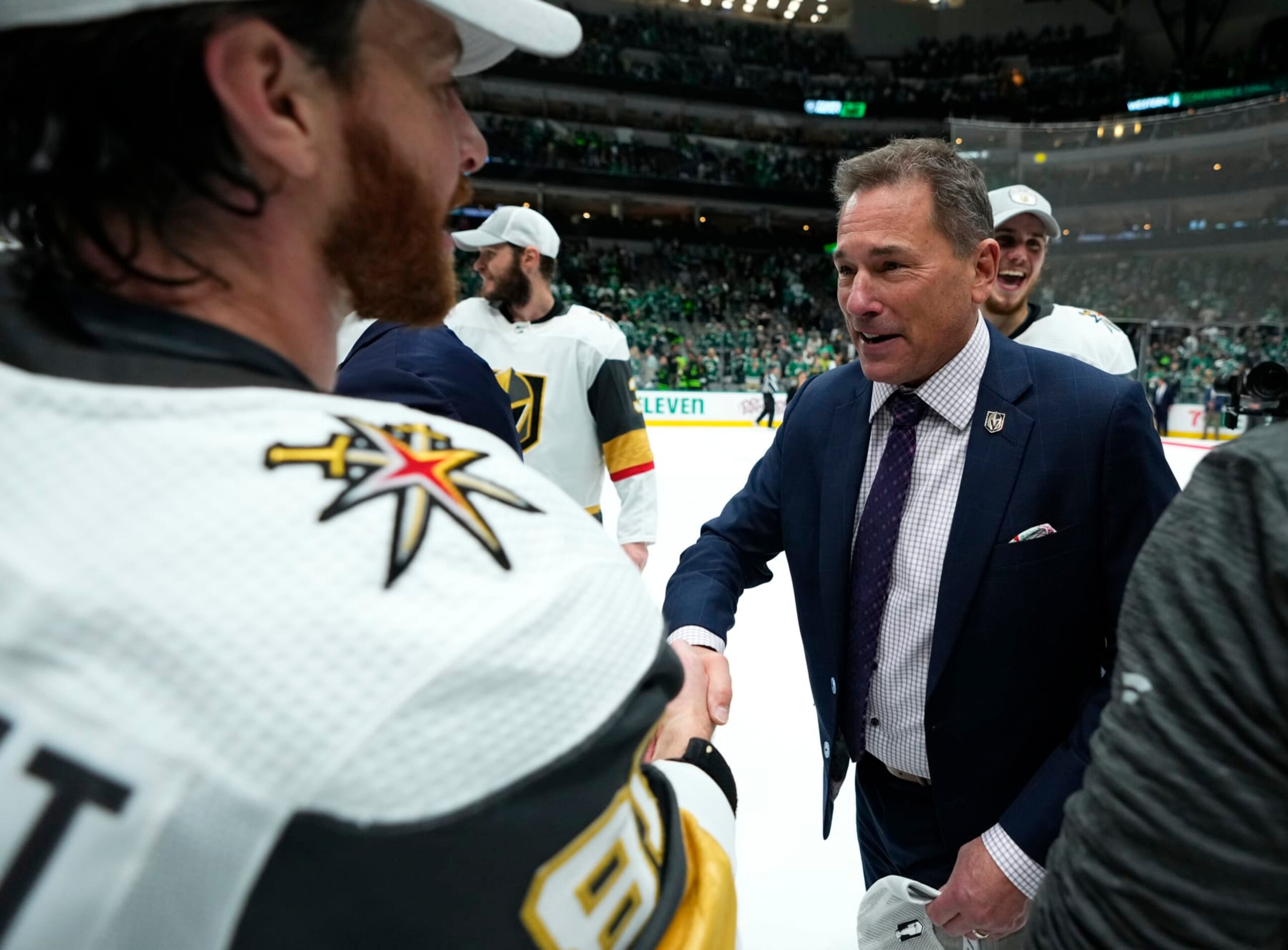 DALLAS, TEXAS - MAY 29: Head coach Bruce Cassidy of the Vegas Golden Knights celebrates with Jonathan Marchessault #81 after a 6-0 victory against the Dallas Stars in Game Six of the Western Conference Final of the 2023 Stanley Cup Playoffs at American Airlines Center on May 29, 2023 in Dallas, Texas. The Vegas Golden Knights won the series 4-2 to advance to the Stanley Cup Finals. (Photo by Jeff Bottari/NHLI via Getty Images) DALLAS, TEXAS - MAY 29: Head coach Bruce Cassidy of the Vegas Golden Knights celebrates with Jonathan Marchessault #81 after a 6-0 victory against the Dallas Stars in Game Six of the Western Conference Final of the 2023 Stanley Cup Playoffs at American Airlines Center on May 29, 2023 in Dallas, Texas. The Vegas Golden Knights won the series 4-2 to advance to the Stanley Cup Finals. (Photo by Jeff Bottari/NHLI via Getty Images)