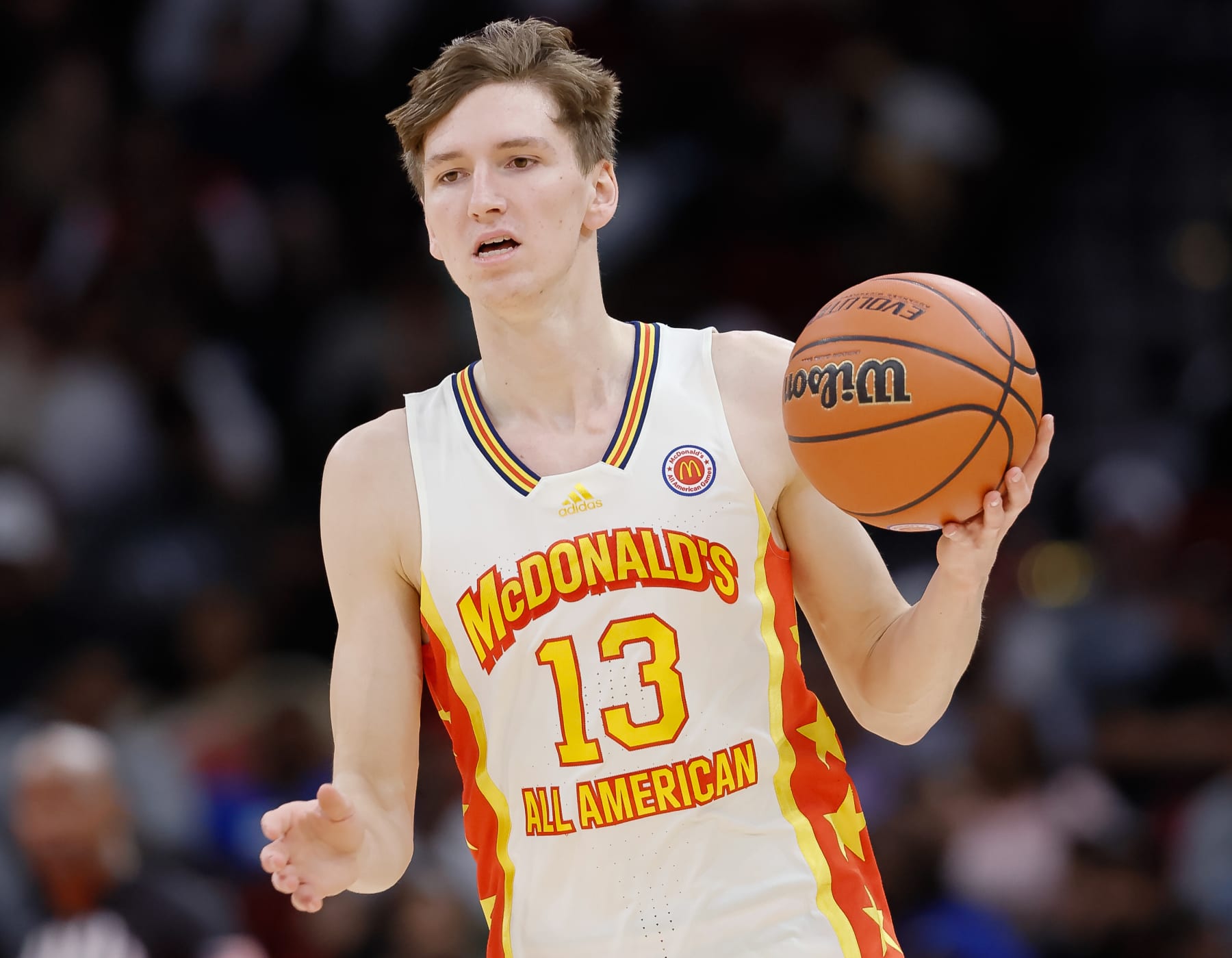 HOUSTON, TX - MARCH 28: Matas Buzelis #13 of McDonald's All American Boys East brings the ball up court during the McDonalds All American Basketball Games at Toyota Center on March 28, 2023 in Houston, Texas. (Photo by Michael Hickey/Getty Images)