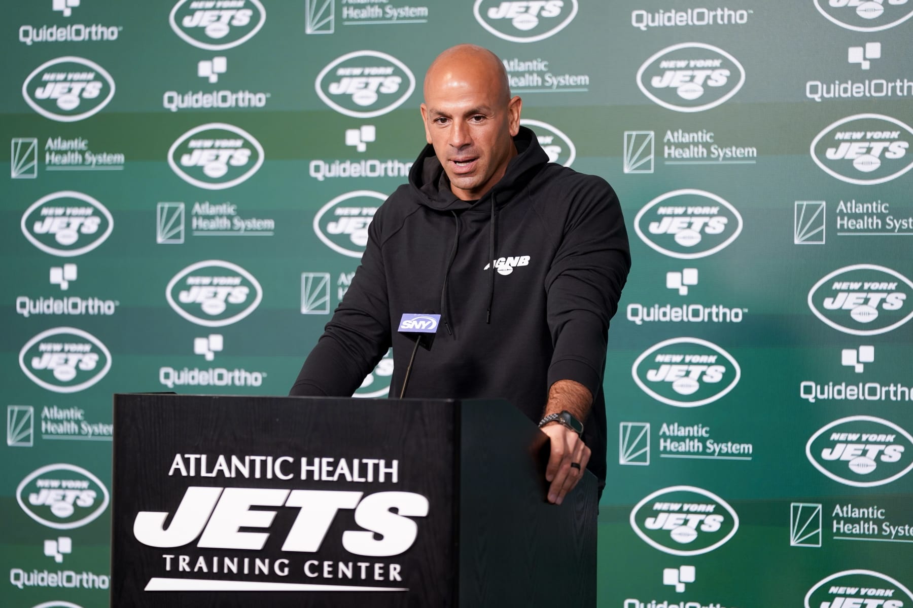 CORRECTS CITY AND STATE - New York Jets head coach Robert Saleh speaks to members of the media at the NFL football team's practice facility, Tuesday, May 23, 2023, in Florham Park, N.J. (AP Photo/John Minchillo)
