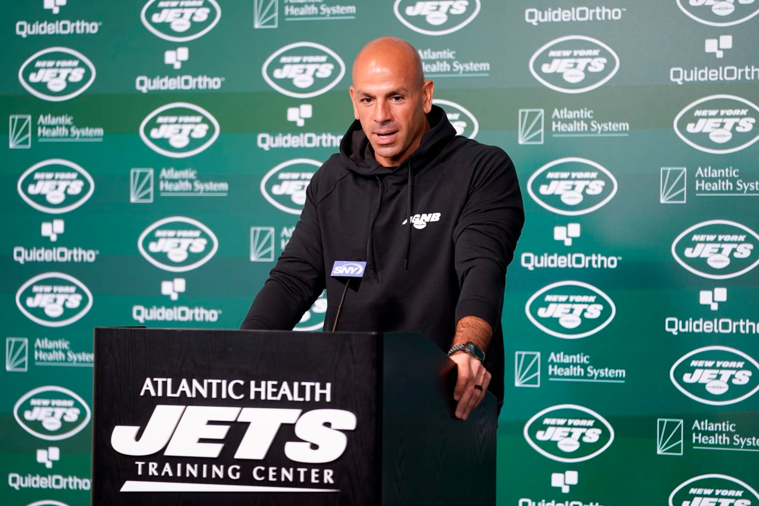 CORRECTS CITY AND STATE - New York Jets head coach Robert Saleh speaks to members of the media at the NFL football team's practice facility, Tuesday, May 23, 2023, in Florham Park, N.J. (AP Photo/John Minchillo)