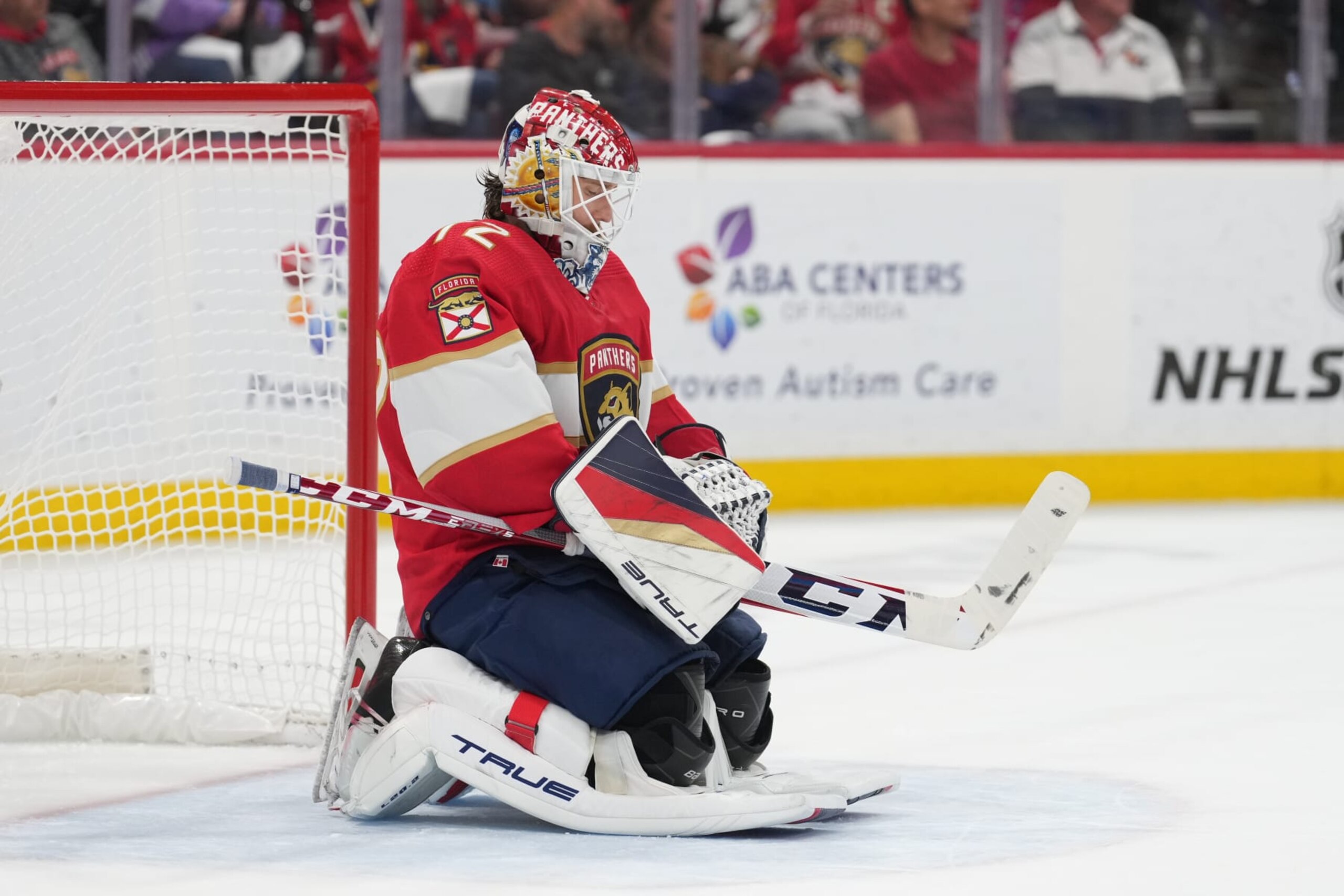 SUNRISE, FL - MAY 24: Florida Panthers goaltender Sergei Bobrovsky (72) takes a moment to focus during a stop in play during game four of the Eastern Conference Finals between the Carolina Hurricanes and the Florida Panthers on Wednesday, May 24, 2023 at FLA Live Arena in Sunrise, Fla. (Photo by Peter Joneleit/Icon Sportswire via Getty Images) SUNRISE, FL - MAY 24: Florida Panthers goaltender Sergei Bobrovsky (72) takes a moment to focus during a stop in play during game four of the Eastern Conference Finals between the Carolina Hurricanes and the Florida Panthers on Wednesday, May 24, 2023 at FLA Live Arena in Sunrise, Fla. (Photo by Peter Joneleit/Icon Sportswire via Getty Images)