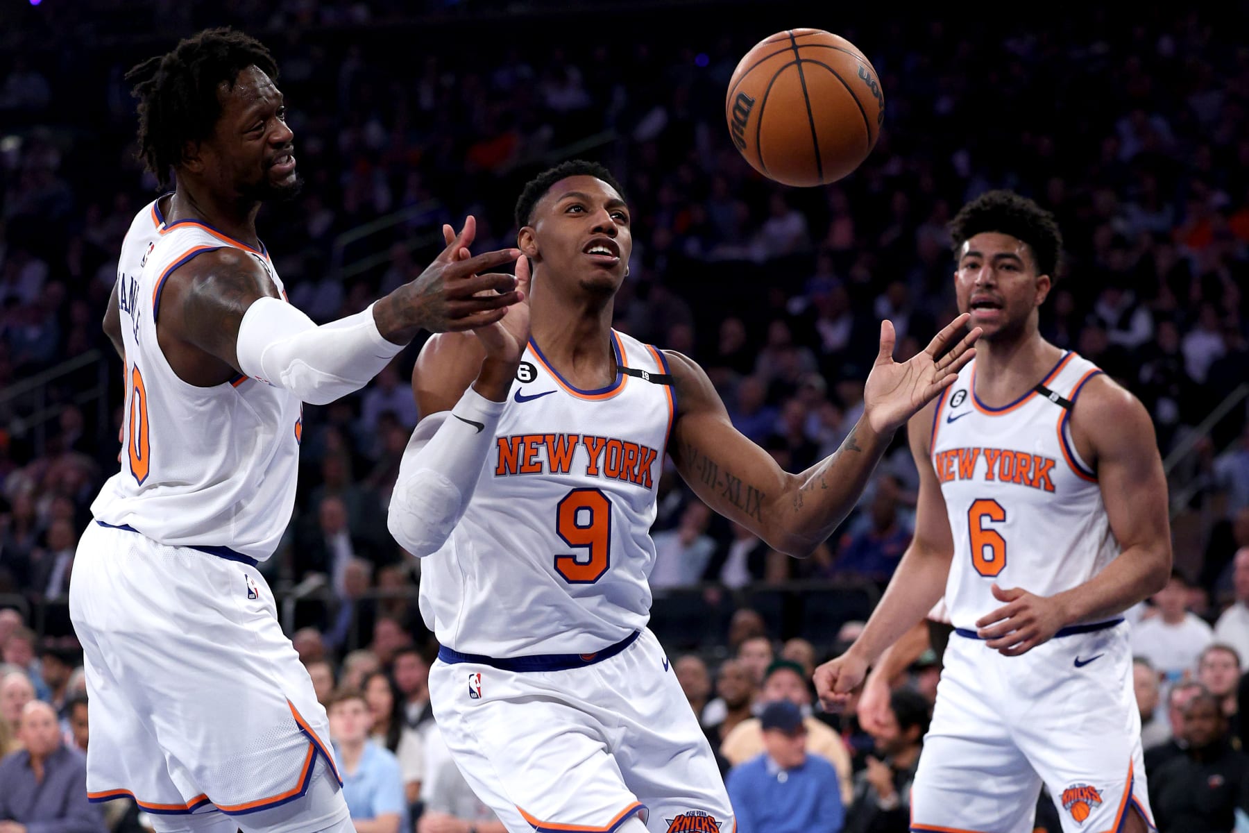 NEW YORK, NEW YORK - MAY 10: Julius Randle #30 and RJ Barrett #9 of the New York Knicks look for the rebound against the Miami Heat during the second quarter in game five of the Eastern Conference Semifinals in the 2023 NBA Playoffs at Madison Square Garden on May 10, 2023 in New York City. NOTE TO USER: User expressly acknowledges and agrees that, by downloading and or using this photograph, User is consenting to the terms and conditions of the Getty Images License Agreement. (Photo by Elsa/Getty Images)