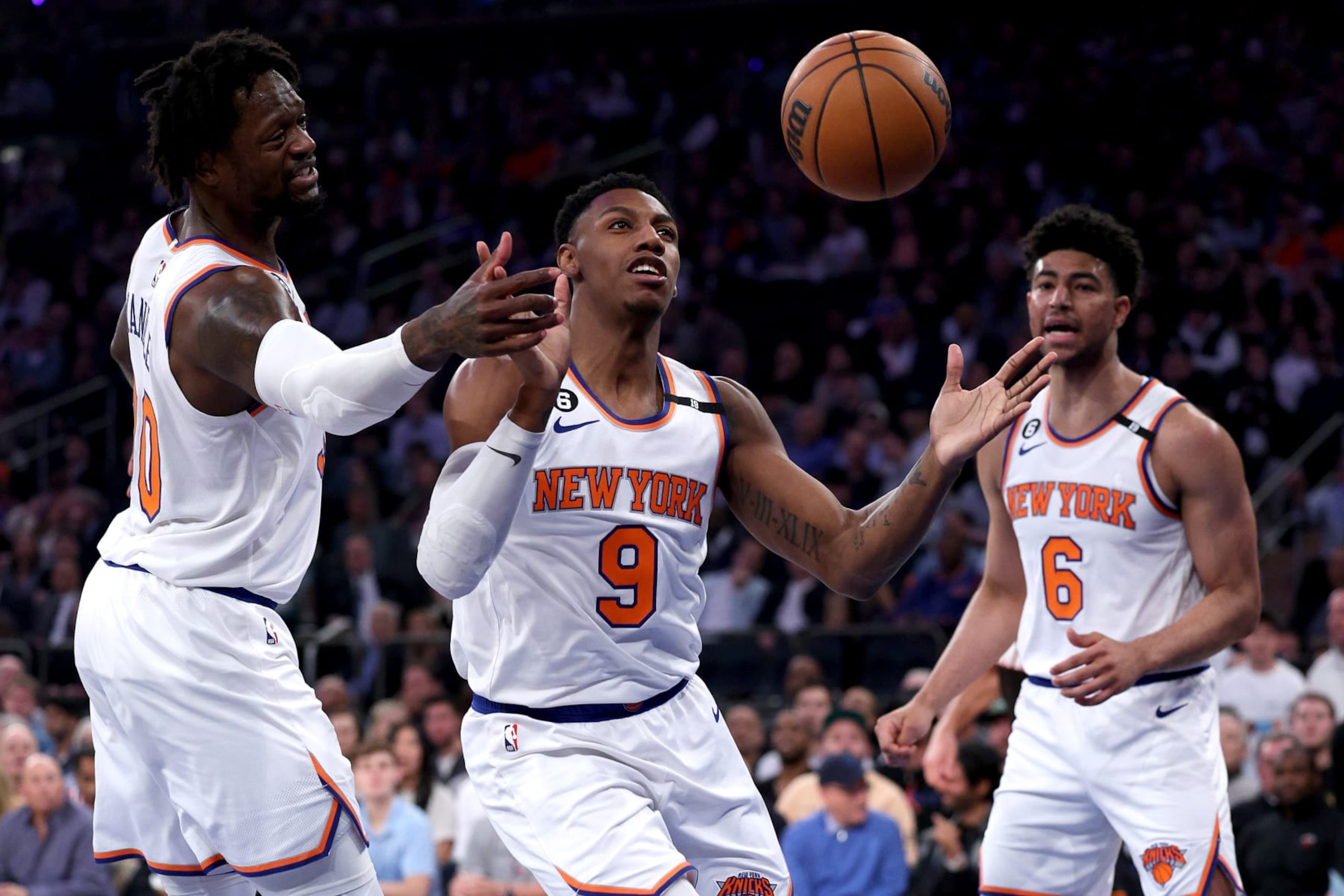 NEW YORK, NEW YORK - MAY 10: Julius Randle #30 and RJ Barrett #9 of the New York Knicks look for the rebound against the Miami Heat during the second quarter in game five of the Eastern Conference Semifinals in the 2023 NBA Playoffs at Madison Square Garden on May 10, 2023 in New York City. NOTE TO USER: User expressly acknowledges and agrees that, by downloading and or using this photograph, User is consenting to the terms and conditions of the Getty Images License Agreement. (Photo by Elsa/Getty Images)