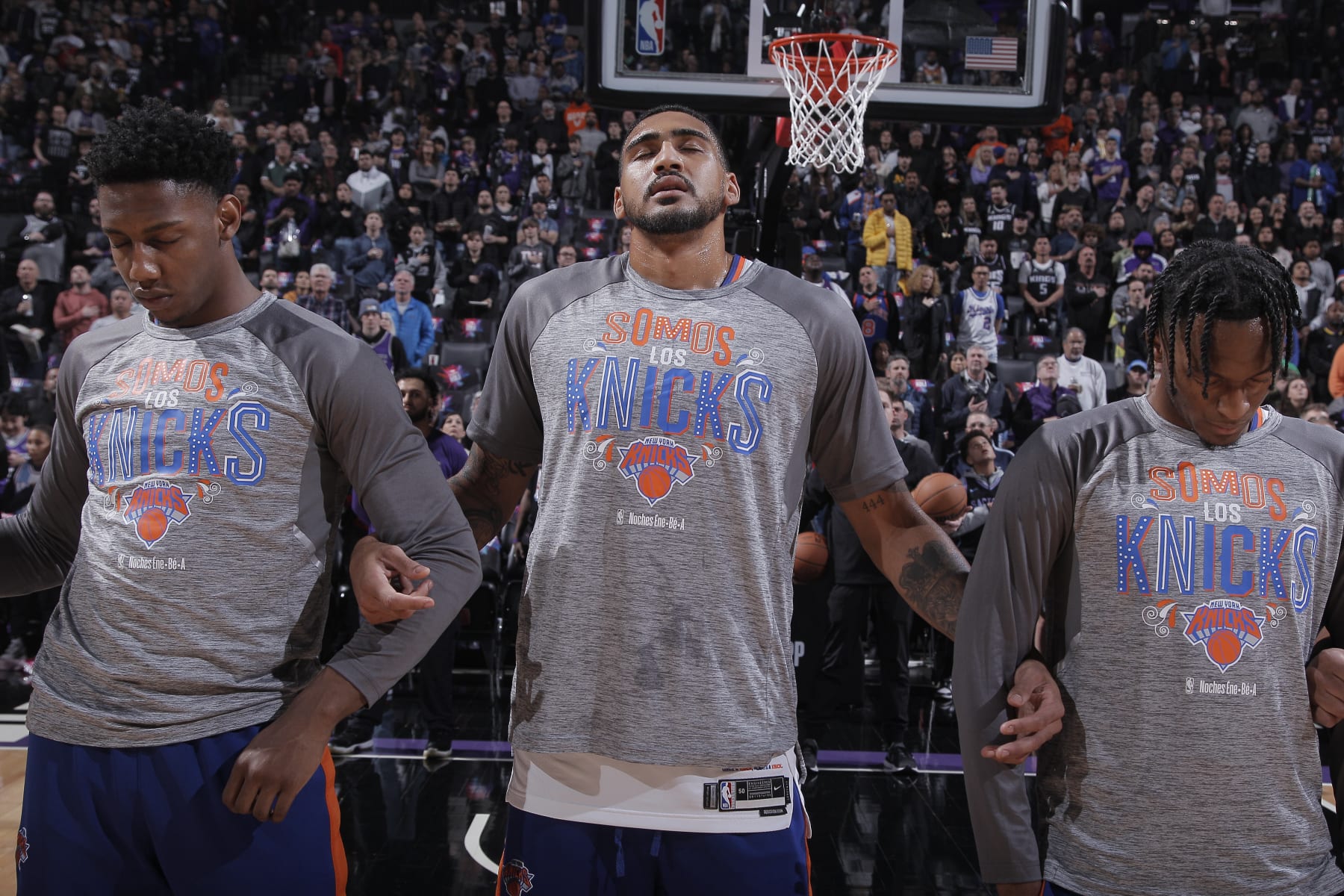 SACRAMENTO, CA - MARCH 9: RJ Barrett #9, Obi Toppin #1, and Immanuel Quickley #5 of the New York Knicks stand for the national anthem prior to the game against the Sacramento Kings on March 9, 2023 at Golden 1 Center in Sacramento, California. NOTE TO USER: User expressly acknowledges and agrees that, by downloading and or using this photograph, User is consenting to the terms and conditions of the Getty Images Agreement. Mandatory Copyright Notice: Copyright 2023 NBAE (Photo by Rocky Widner/NBAE via Getty Images)
