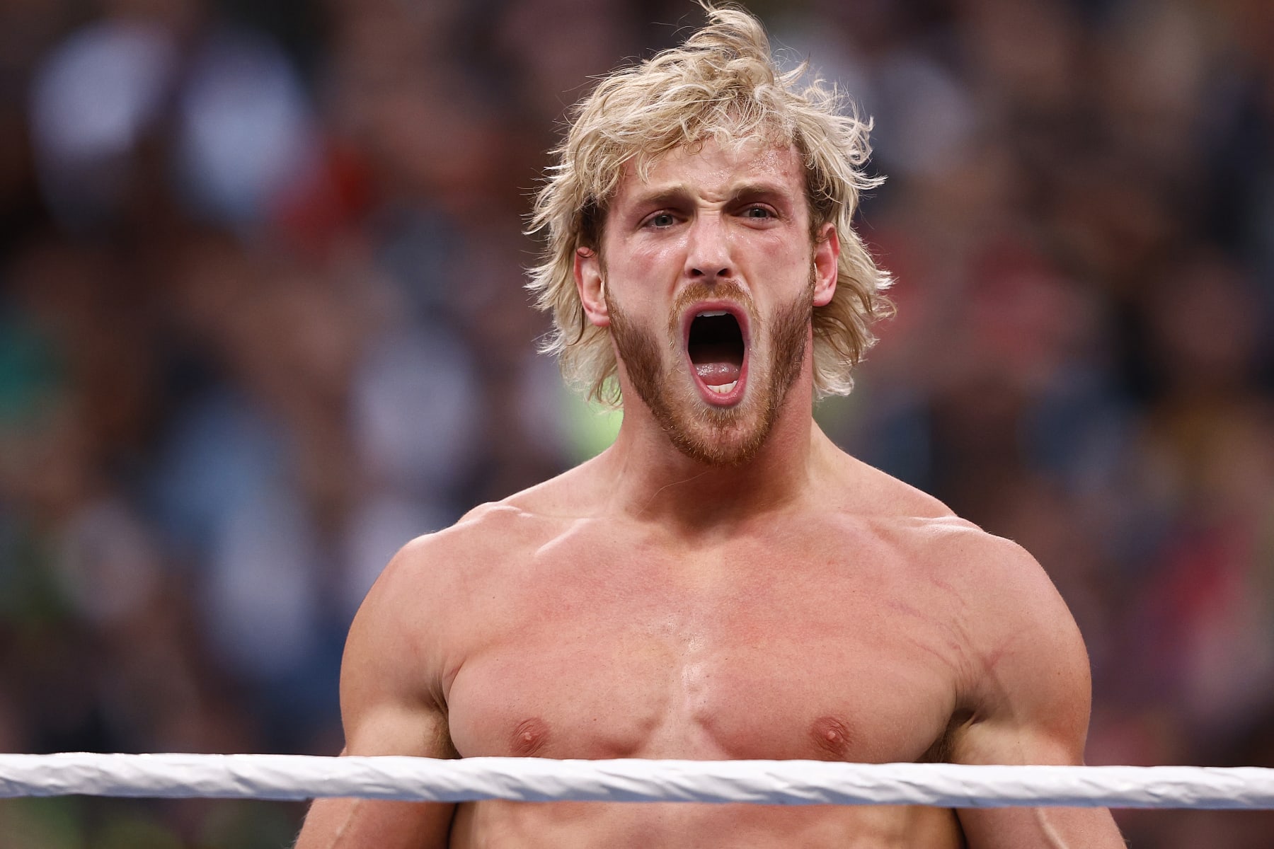 INGLEWOOD, CALIFORNIA - APRIL 01:  Logan Paul during WrestleMania Goes Hollywood at SoFi Stadium on April 01, 2023 in Inglewood, California. (Photo by Ronald Martinez/Getty Images)