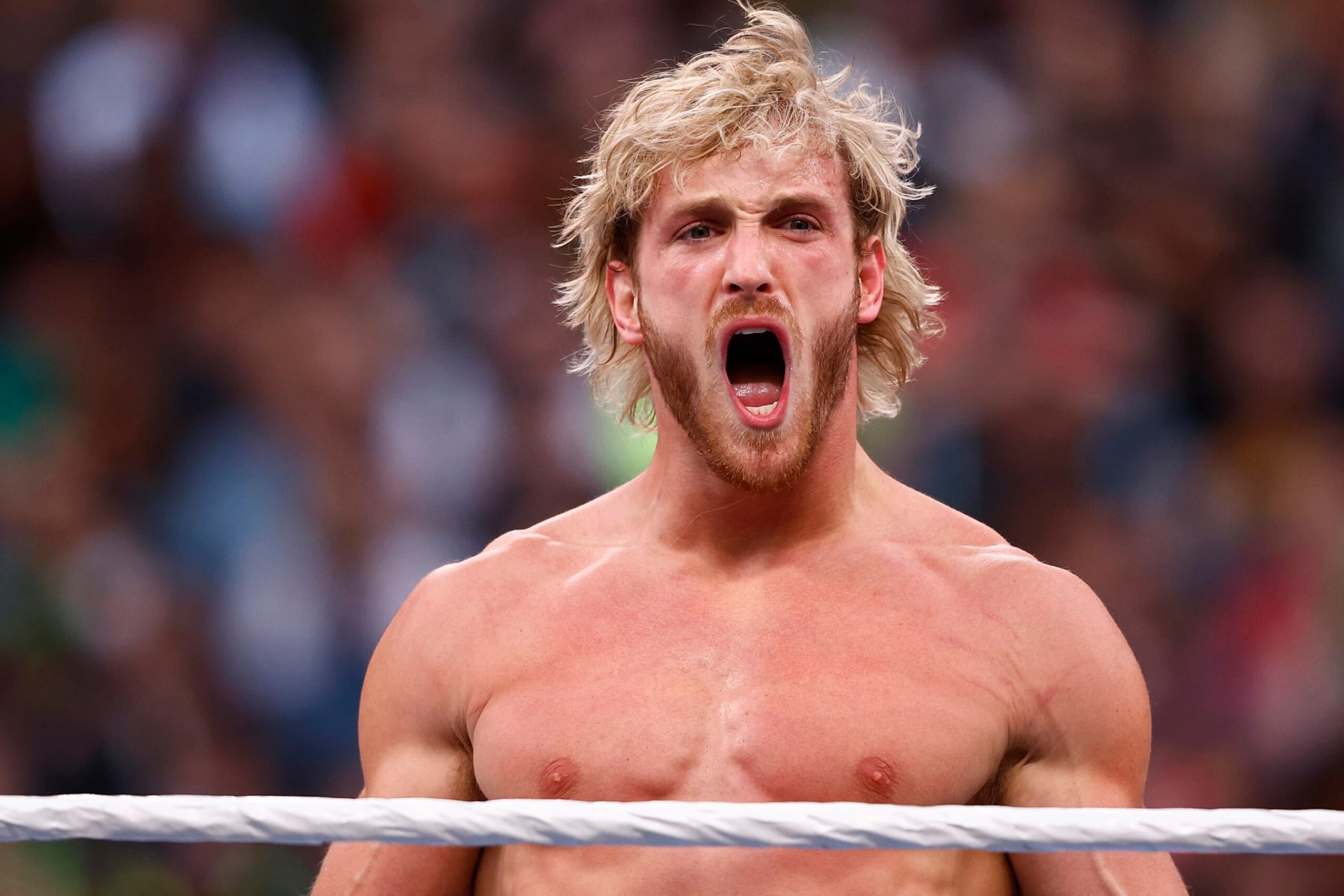 INGLEWOOD, CALIFORNIA - APRIL 01:  Logan Paul during WrestleMania Goes Hollywood at SoFi Stadium on April 01, 2023 in Inglewood, California. (Photo by Ronald Martinez/Getty Images)
