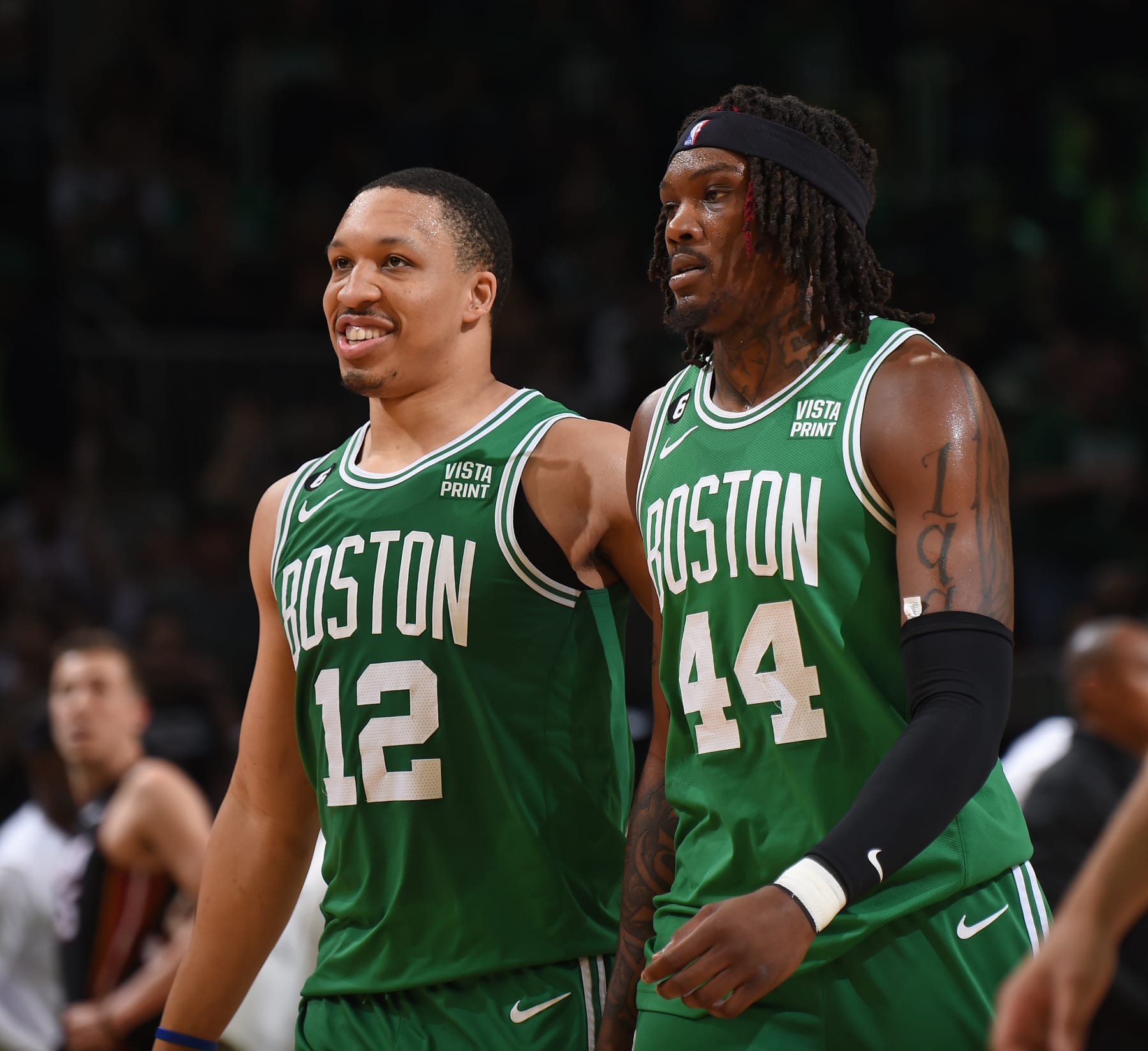 BOSTON, MA - MAY 25: Grant Williams #12 and Robert Williams III #44 of the Boston Celtics look on during Game 5 of the 2023 NBA Playoffs Eastern Conference Finals against the Miami Heat on May 25, 2023 at the TD Garden in Boston, Massachusetts. NOTE TO USER: User expressly acknowledges and agrees that, by downloading and or using this photograph, User is consenting to the terms and conditions of the Getty Images License Agreement. Mandatory Copyright Notice: Copyright 2023 NBAE  (Photo by Brian Babineau/NBAE via Getty Images)