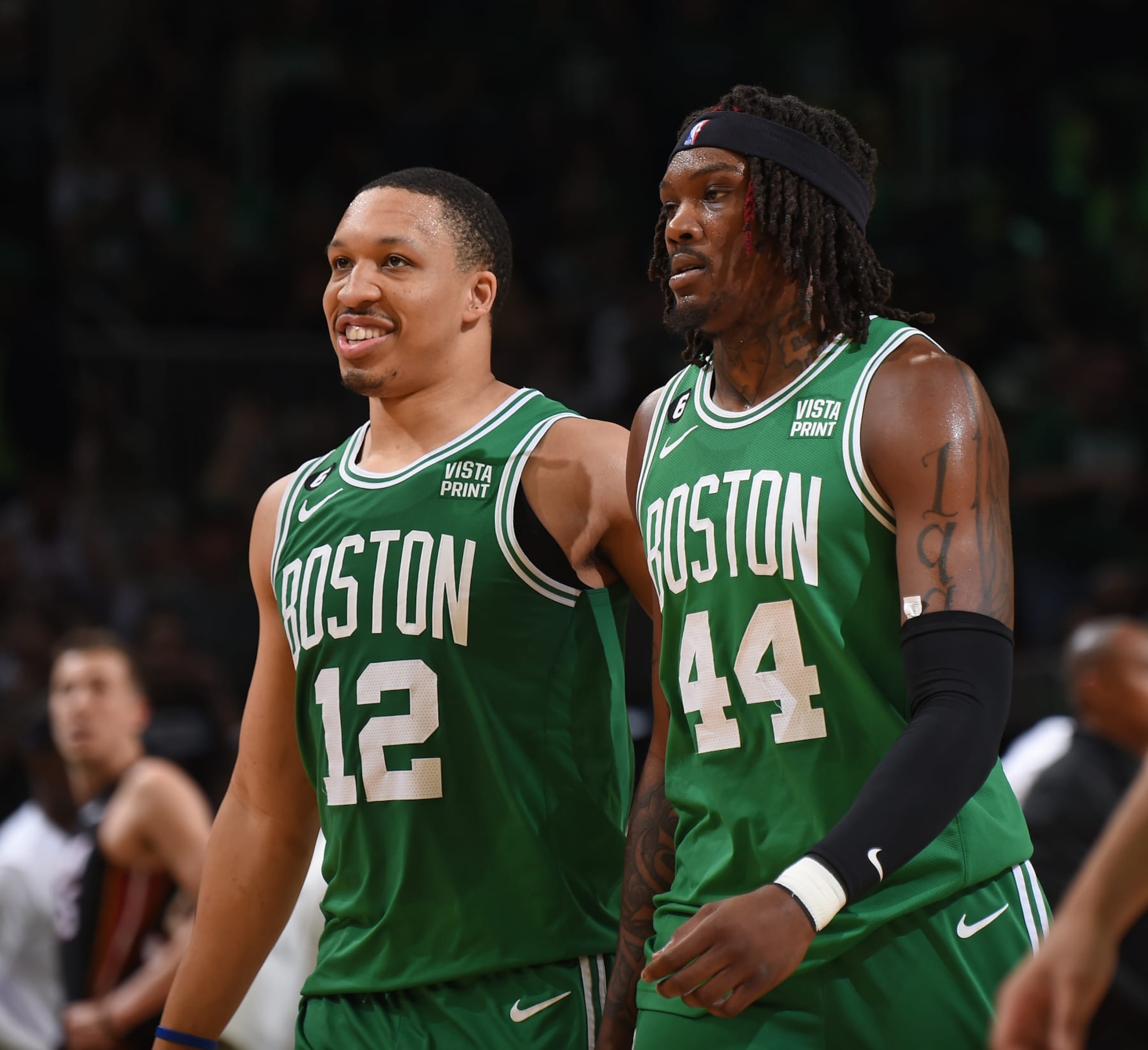 BOSTON, MA - MAY 25: Grant Williams #12 and Robert Williams III #44 of the Boston Celtics look on during Game 5 of the 2023 NBA Playoffs Eastern Conference Finals against the Miami Heat on May 25, 2023 at the TD Garden in Boston, Massachusetts. NOTE TO USER: User expressly acknowledges and agrees that, by downloading and or using this photograph, User is consenting to the terms and conditions of the Getty Images License Agreement. Mandatory Copyright Notice: Copyright 2023 NBAE  (Photo by Brian Babineau/NBAE via Getty Images)