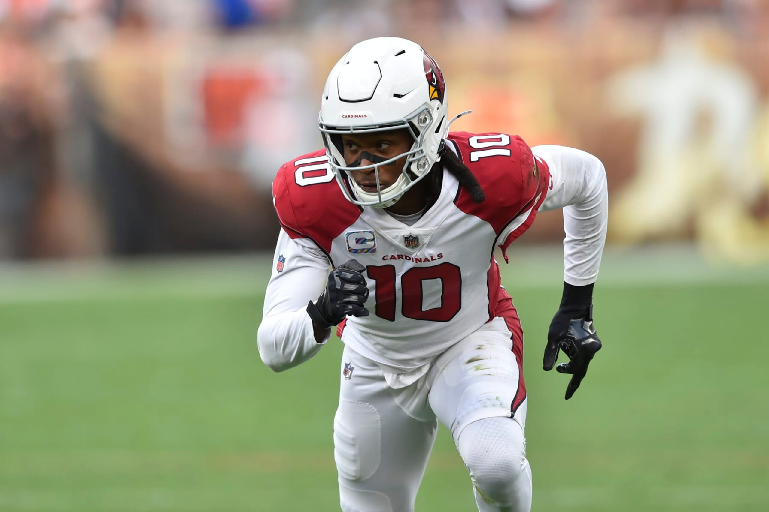 Arizona Cardinals wide receiver DeAndre Hopkins runs a route during an NFL football game against the Cleveland Browns, Sunday, Oct. 17, 2021, in Cleveland. The Cardinals won 37-14. (AP Photo/David Richard) Arizona Cardinals wide receiver DeAndre Hopkins runs a route during an NFL football game against the Cleveland Browns, Sunday, Oct. 17, 2021, in Cleveland. The Cardinals won 37-14. (AP Photo/David Richard)