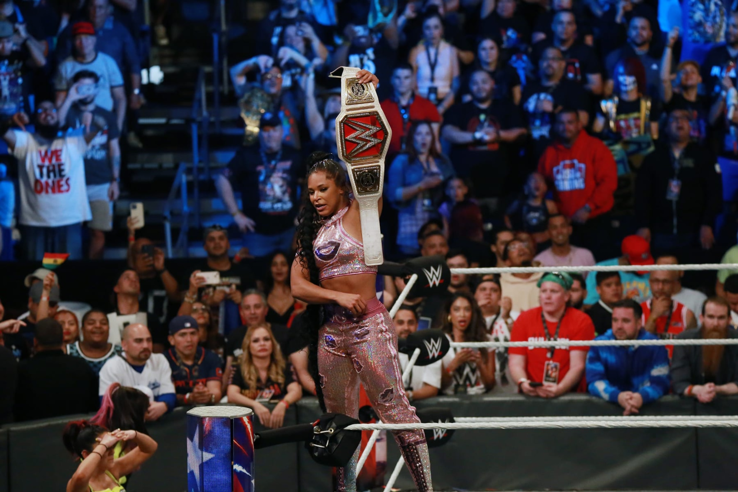 SAN JUAN, PUERTO RICO - MAY 06: Bianca Belair celebrates her victory on the ring during the WWE Backlash at Coliseo de Puerto Rico José Miguel Agrelot on May 06, 2023 in San Juan, Puerto Rico.(Photo by Gladys Vega/ Getty Images)