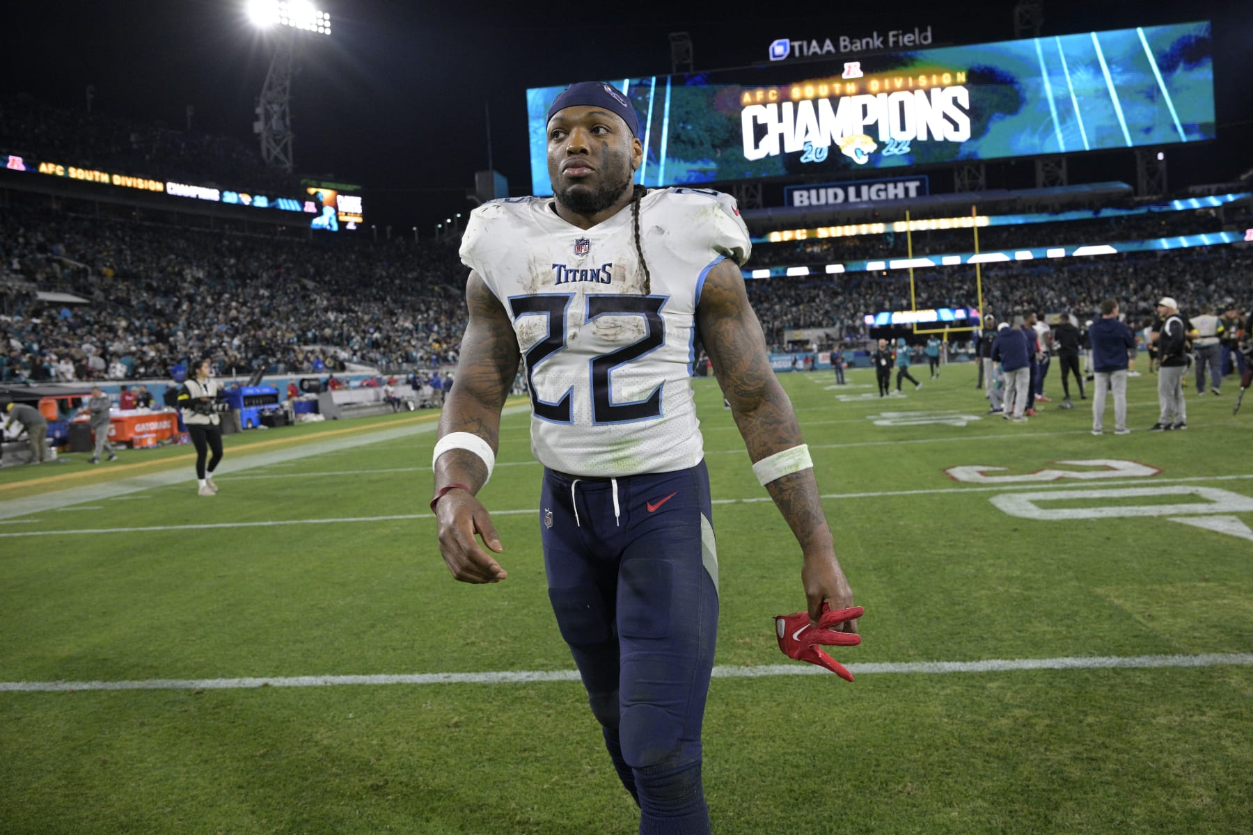 Tennessee Titans running back Derrick Henry (22) leaves the field after a loss to the Jacksonville Jaguars during an NFL football game, Saturday, Jan. 7, 2023, in Jacksonville, Fla. (AP Photo/Phelan M. Ebenhack)