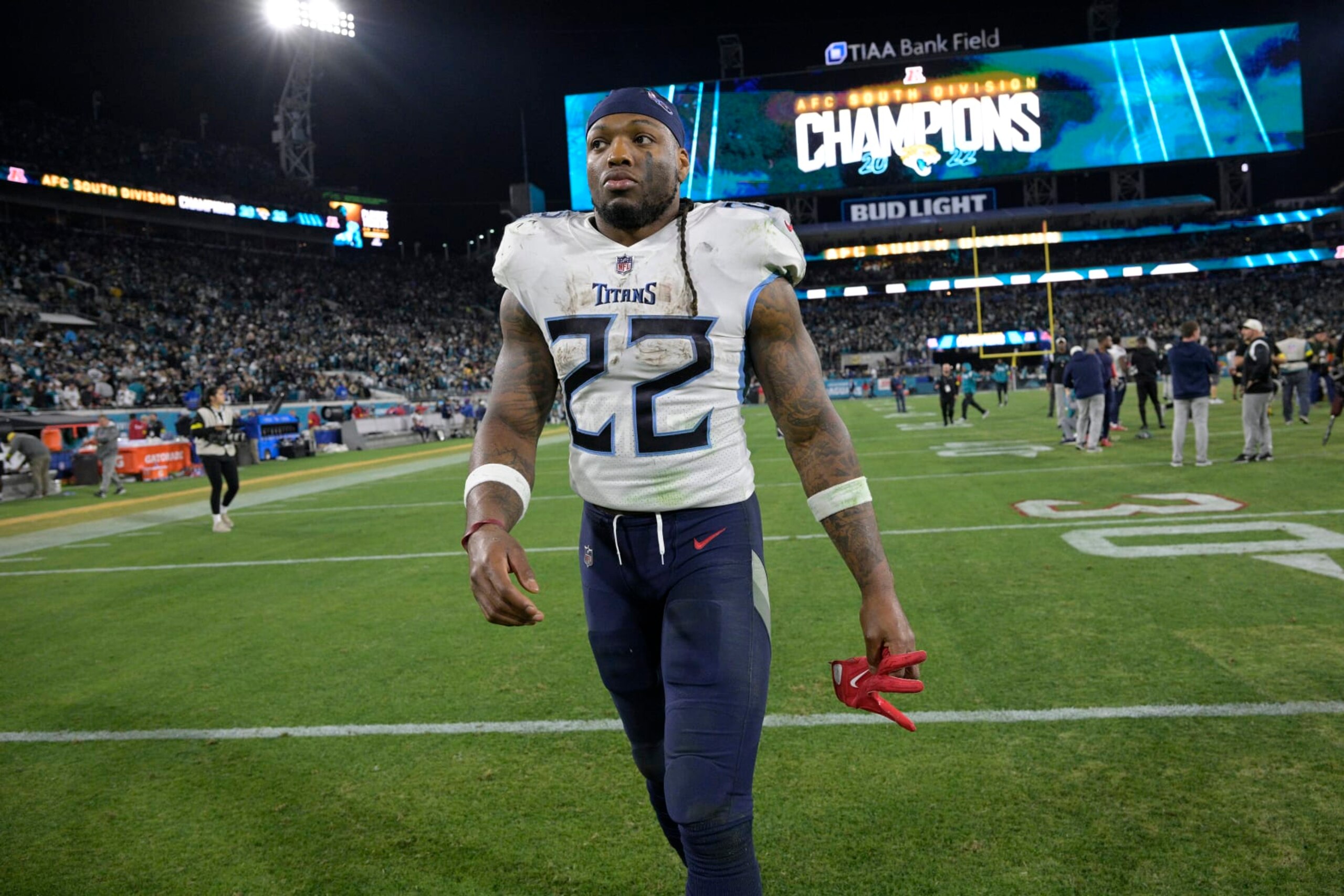 Tennessee Titans running back Derrick Henry (22) leaves the field after a loss to the Jacksonville Jaguars during an NFL football game, Saturday, Jan. 7, 2023, in Jacksonville, Fla. (AP Photo/Phelan M. Ebenhack)