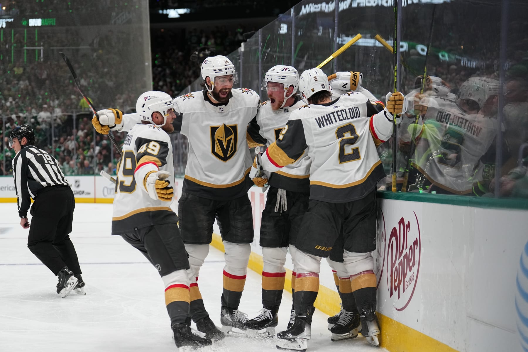 DALLAS, TX - MAY 29: Ivan Barbashev #49, Nicolas Hague #14, Jack Eichel #9 and Zach Whitecloud #2 of the Vegas Golden Knights celebrate a goal against the Dallas Stars in Game Six of the Conference Final of the 2023 Stanley Cup Playoffs at the American Airlines Center on May 29, 2023 in Dallas, Texas. (Photo by Glenn James/NHLI via Getty Images)