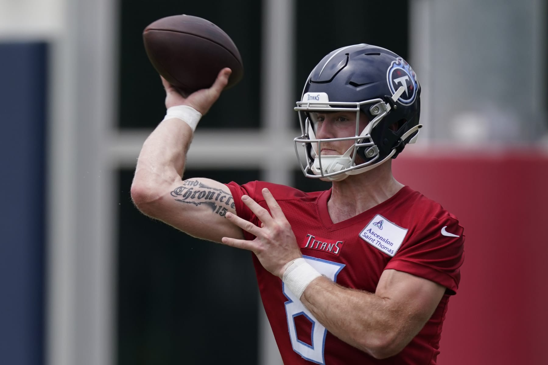 Tennessee Titans quarterback Will Levis (8) throws a pass during the NFL football team's OTA practices Tuesday, May 23, 2023, in Nashville, Tenn. (AP Photo/George Walker IV)