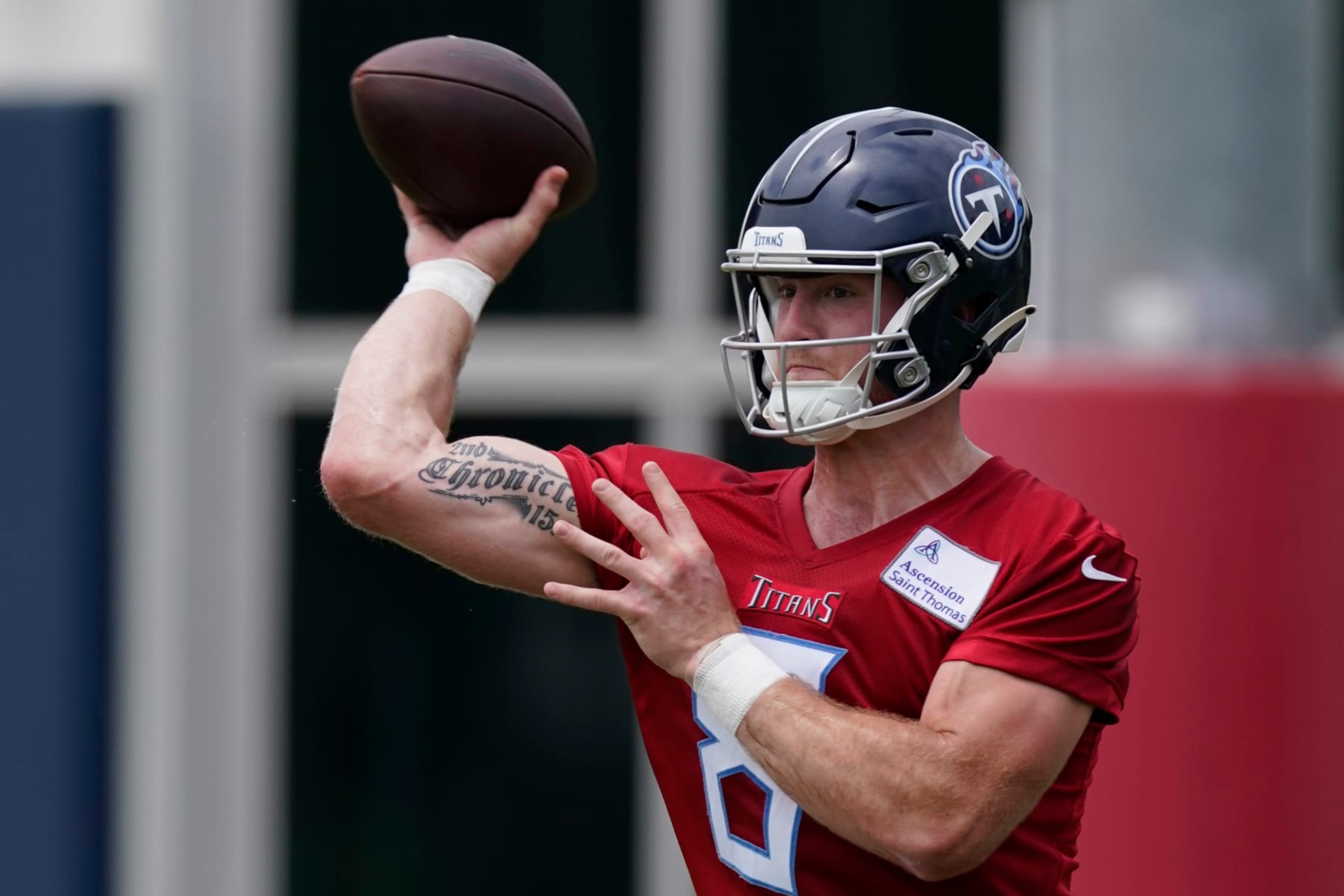 Tennessee Titans quarterback Will Levis (8) throws a pass during the NFL football team's OTA practices Tuesday, May 23, 2023, in Nashville, Tenn. (AP Photo/George Walker IV)