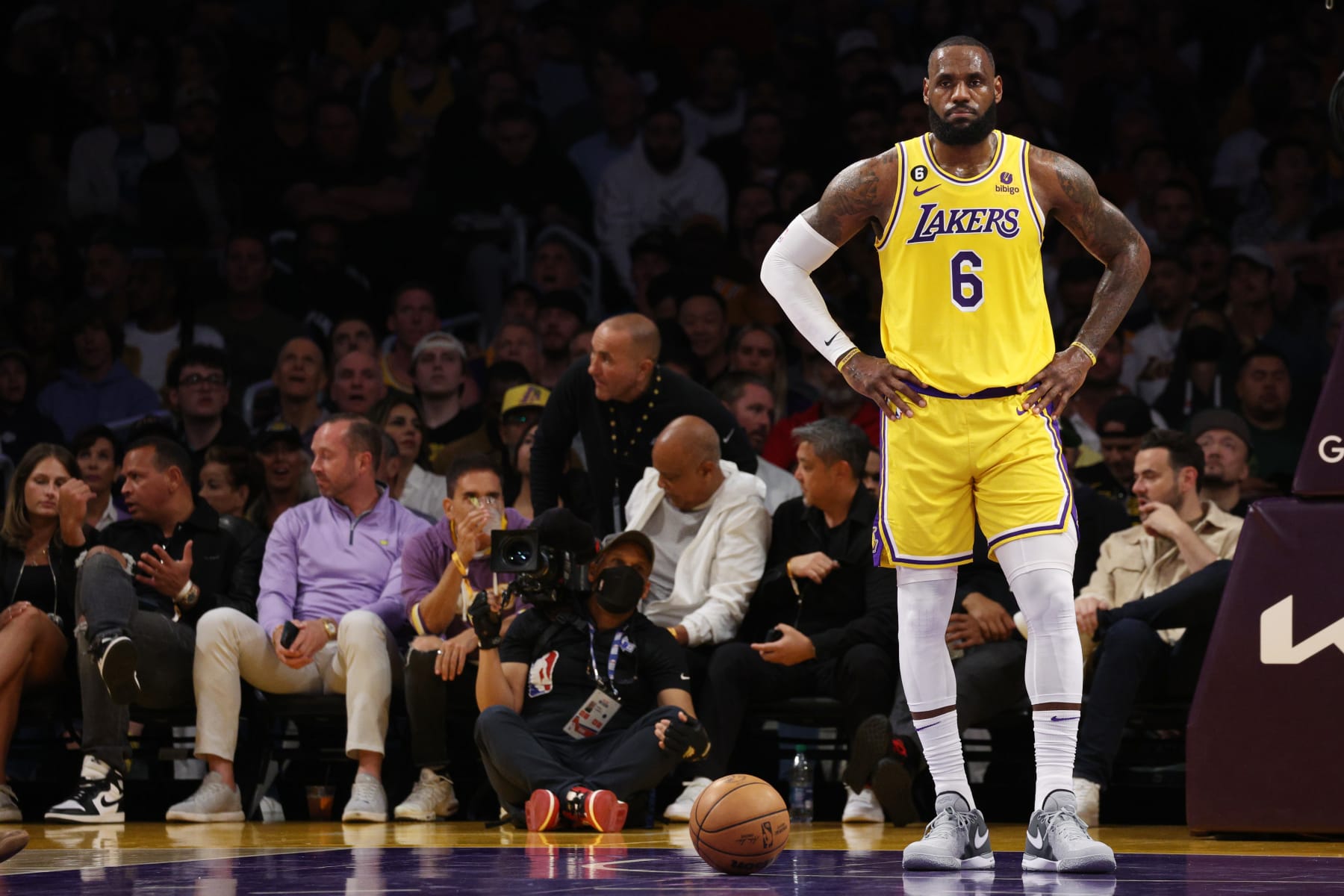 LOS ANGELES, CALIFORNIA - MAY 22: LeBron James #6 of the Los Angeles Lakers reacts to a foul during the first quarter against the Denver Nuggets in game four of the Western Conference Finals at Crypto.com Arena on May 22, 2023 in Los Angeles, California. NOTE TO USER: User expressly acknowledges and agrees that, by downloading and or using this photograph, User is consenting to the terms and conditions of the Getty Images License Agreement. (Photo by Harry How/Getty Images) LOS ANGELES, CALIFORNIA - MAY 22: LeBron James #6 of the Los Angeles Lakers reacts to a foul during the first quarter against the Denver Nuggets in game four of the Western Conference Finals at Crypto.com Arena on May 22, 2023 in Los Angeles, California. NOTE TO USER: User expressly acknowledges and agrees that, by downloading and or using this photograph, User is consenting to the terms and conditions of the Getty Images License Agreement. (Photo by Harry How/Getty Images)
