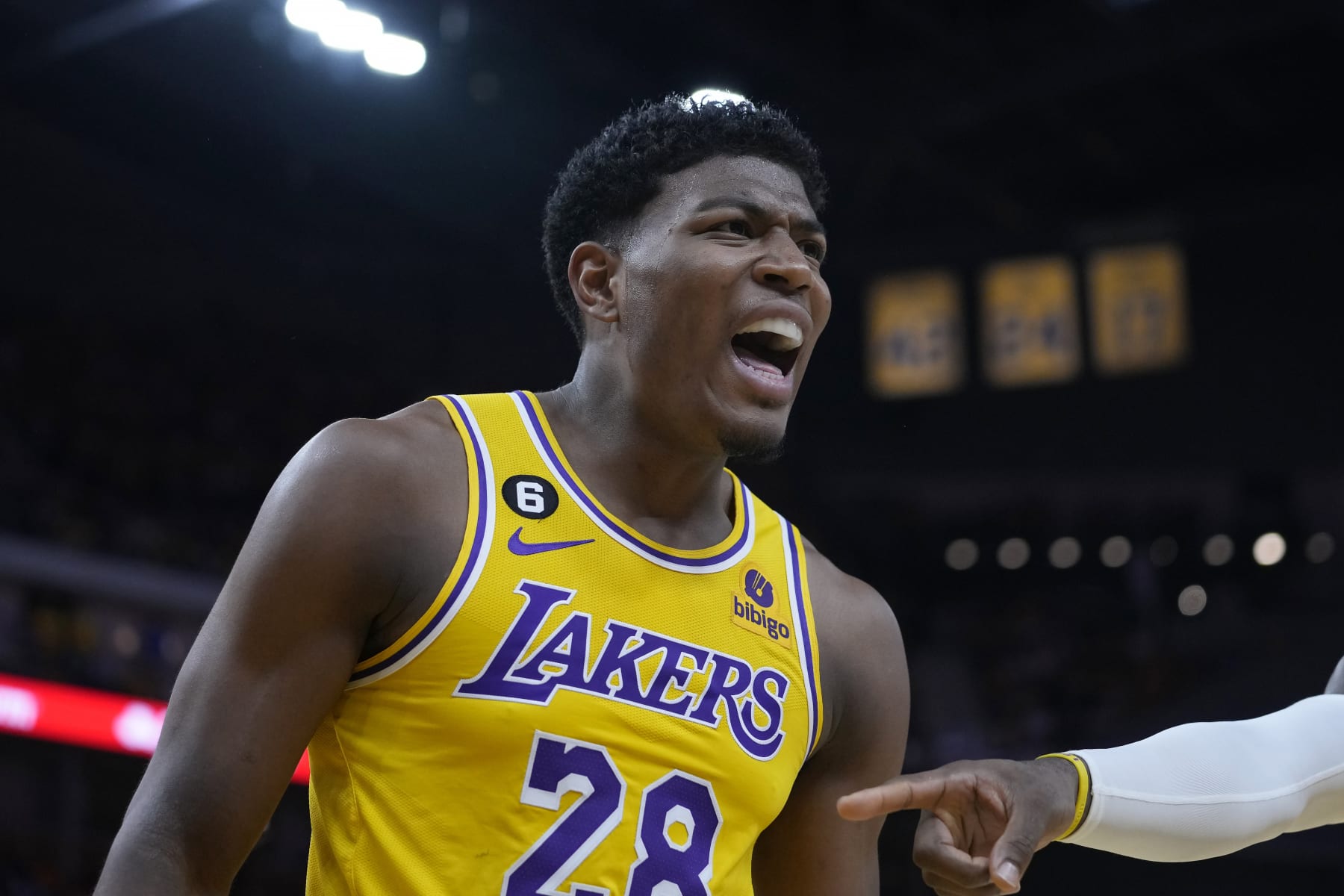 Los Angeles Lakers forward Rui Hachimura (28) reacts during the second half of Game 5 of an NBA basketball second-round playoff series against the Golden State Warriors Wednesday, May 10, 2023, in San Francisco. (AP Photo/Godofredo A. Vásquez)