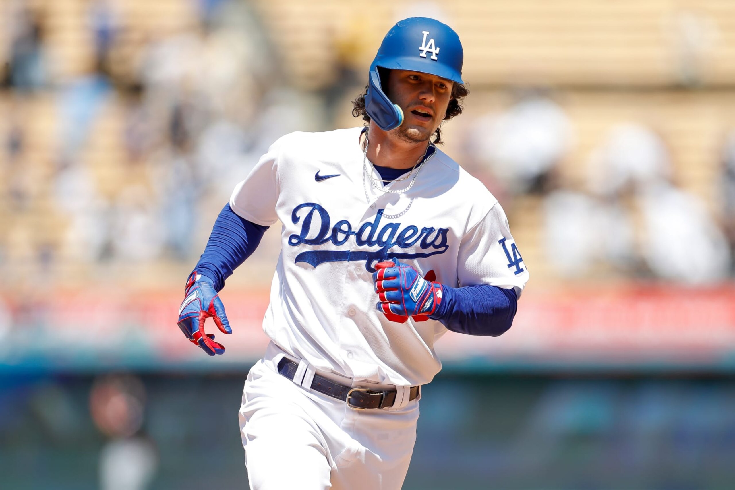 LOS ANGELES, CA - MAY 17: Los Angeles Dodgers center fielder James Outman (33) runs the bases after hitting a grand slam in the seventh inning during a regular season game between the Minnesota Twins and Los Angeles Dodgers on May 17, 2023 at Dodger Stadium in Los Angeles, CA. (Photo by Brandon Sloter/Icon Sportswire via Getty Images)