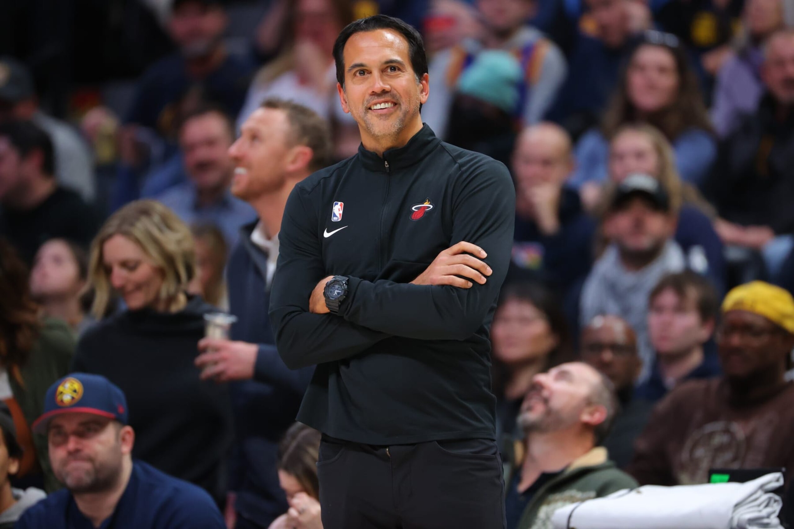 DENVER, CO - DECEMBER 30: Head coach Erik Spoelstra of the Miami Heat looks on against the Denver Nuggets during the second quarter at Ball Arena on December 30, 2022 in Denver, Colorado. NOTE TO USER: User expressly acknowledges and agrees that,  by downloading and or using this photograph,  User is consenting to the terms and conditions of the Getty Images License Agreement. (Photo by C. Morgan Engel/Getty Images)