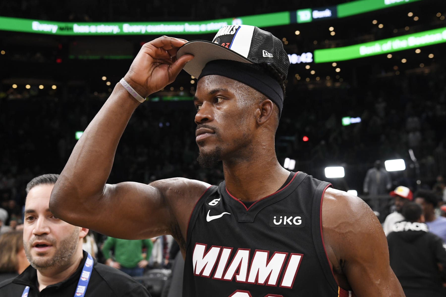 BOSTON, MA - MAY 29: Jimmy Butler #22 of the Miami Heat after winning round 3 game 7 of the Eastern Conference finals 2023 NBA Playoffs against the Boston Celtics on May 29, 2023 at the TD Garden in Boston, Massachusetts. NOTE TO USER: User expressly acknowledges and agrees that, by downloading and or using this photograph, User is consenting to the terms and conditions of the Getty Images License Agreement. Mandatory Copyright Notice: Copyright 2023 NBAE  (Photo by Brian Babineau/NBAE via Getty Images)