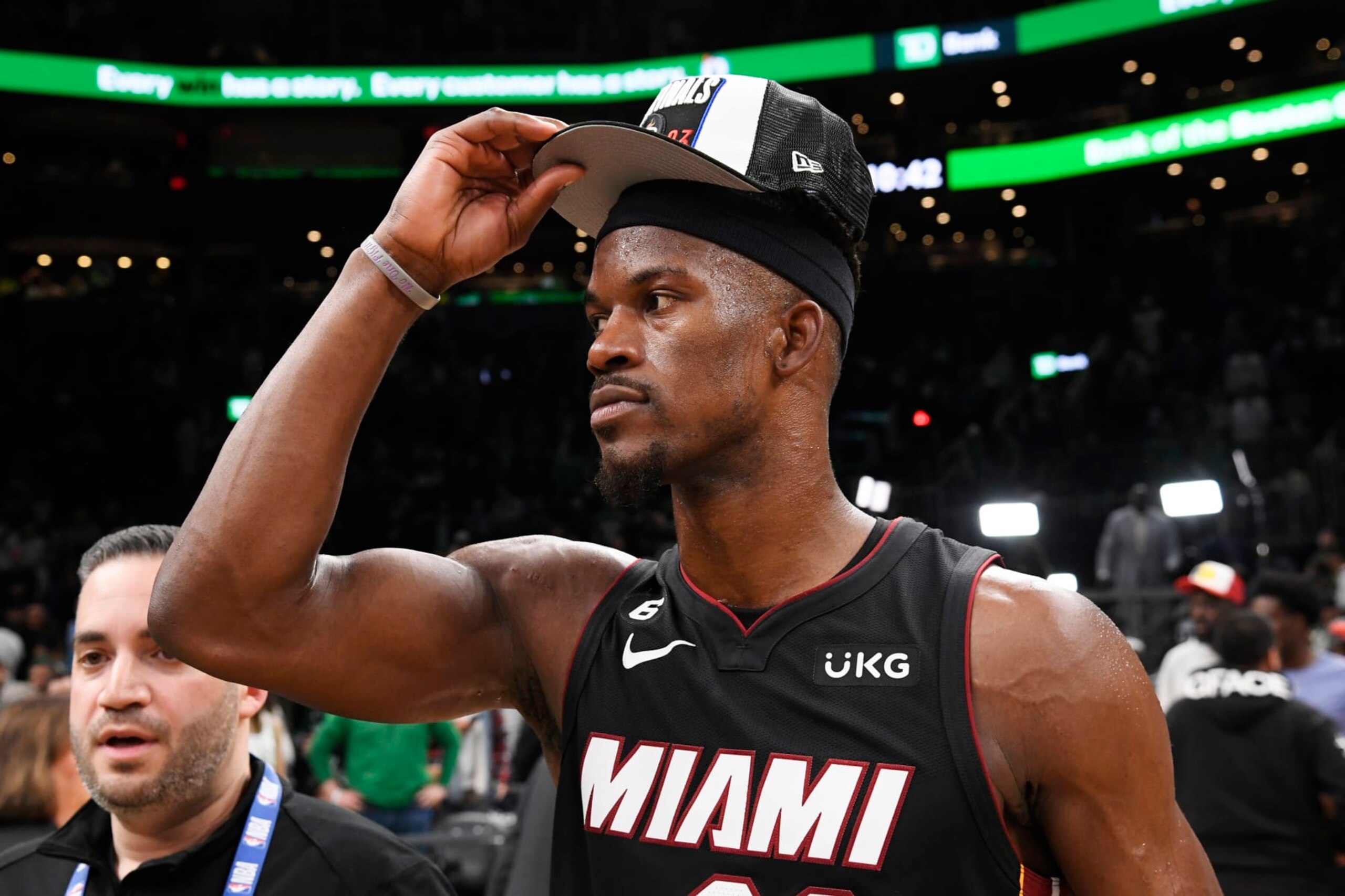 BOSTON, MA - MAY 29: Jimmy Butler #22 of the Miami Heat after winning round 3 game 7 of the Eastern Conference finals 2023 NBA Playoffs against the Boston Celtics on May 29, 2023 at the TD Garden in Boston, Massachusetts. NOTE TO USER: User expressly acknowledges and agrees that, by downloading and or using this photograph, User is consenting to the terms and conditions of the Getty Images License Agreement. Mandatory Copyright Notice: Copyright 2023 NBAE  (Photo by Brian Babineau/NBAE via Getty Images)