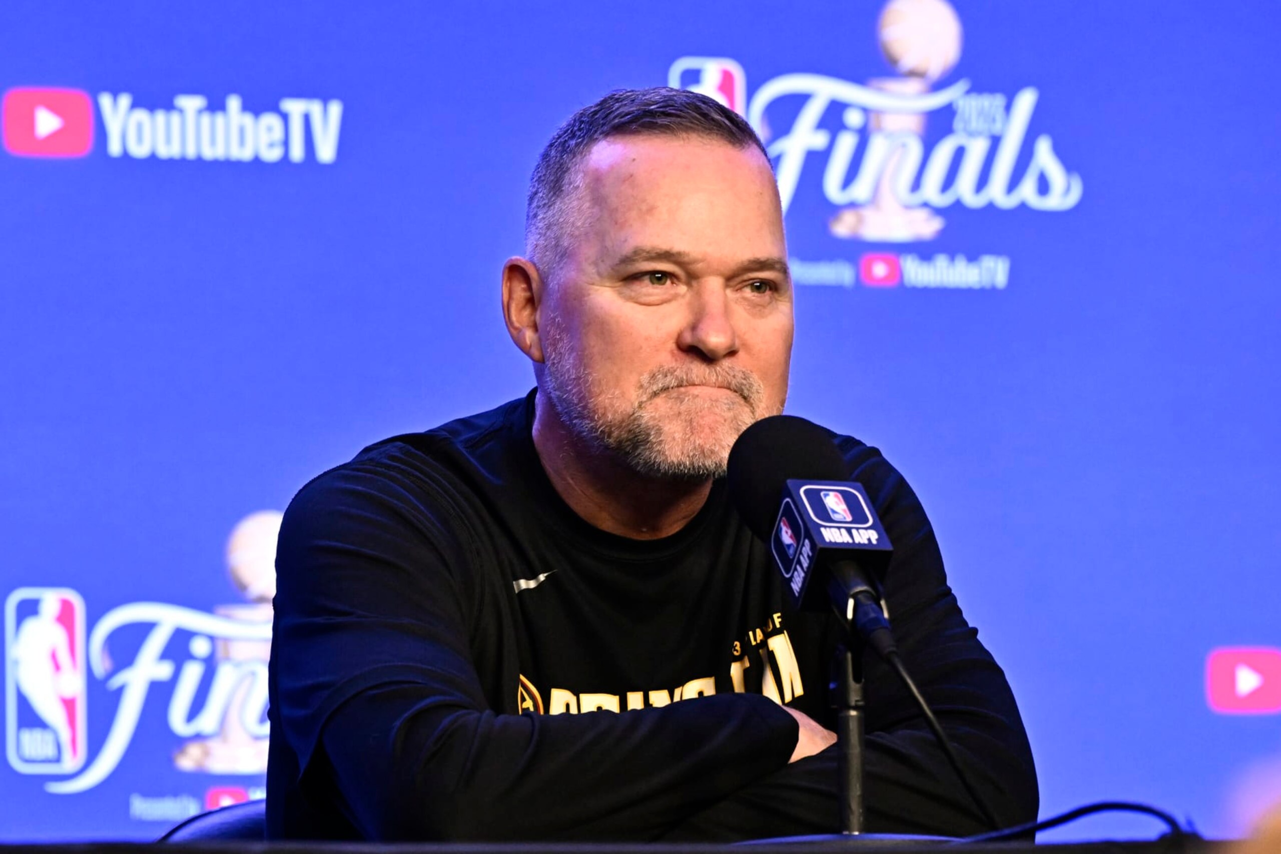 DENVER, CO - MAY 31: Head Coach Michael Malone of the Denver Nuggets speaks to the media during 2023 NBA Finals Practice and Media Availability on May 31, 2023 at the Ball Arena in Denver, Colorado. NOTE TO USER: User expressly acknowledges and agrees that, by downloading and/or using this Photograph, user is consenting to the terms and conditions of the Getty Images License Agreement. Mandatory Copyright Notice: Copyright 2023 NBAE (Photo by David Dow/NBAE via Getty Images)