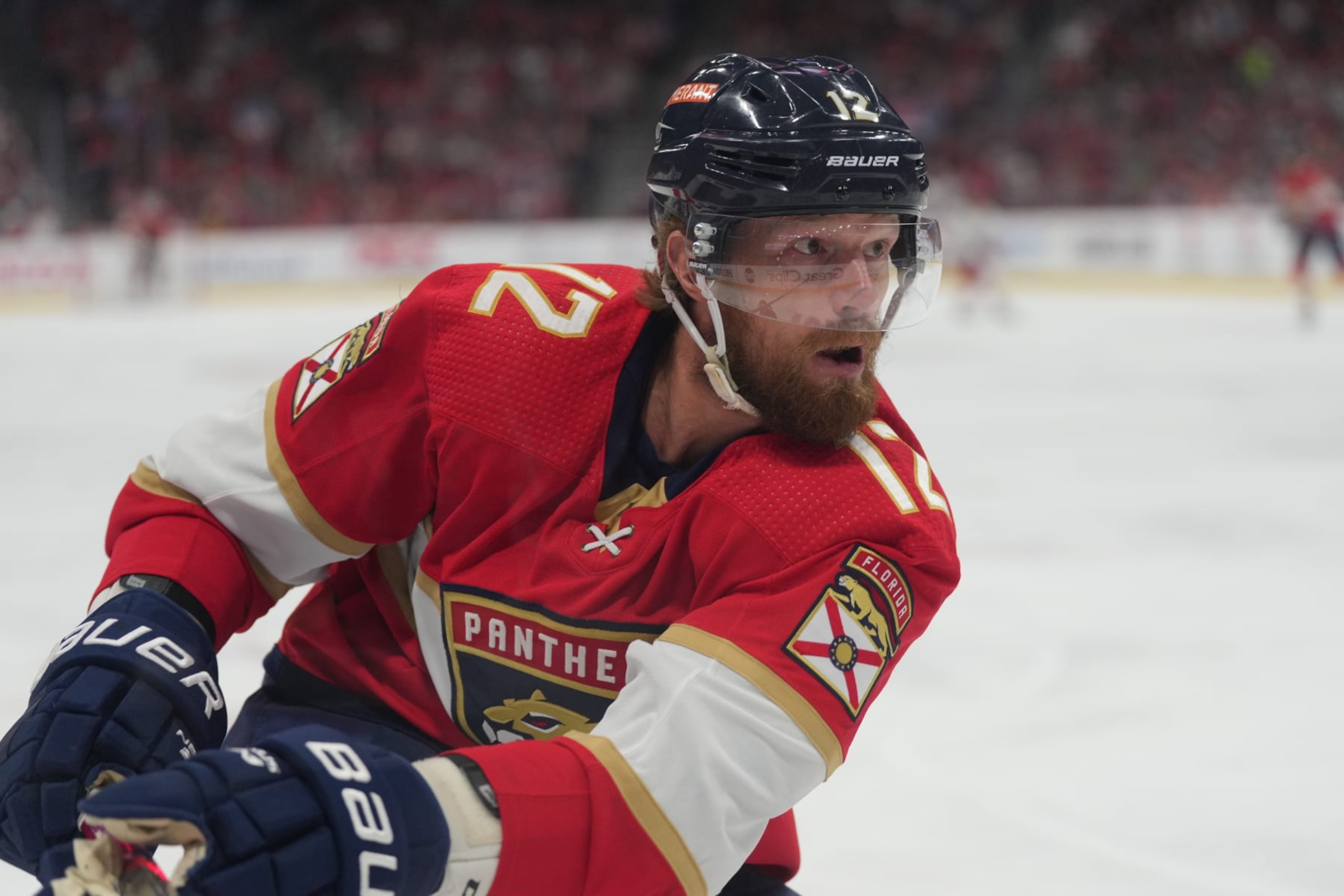SUNRISE, FL - MAY 24: Florida Panthers center Eric Staal (12) washes the puck as he supports the attack in the first period during game four of the Eastern Conference Finals between the Carolina Hurricanes and the Florida Panthers on Wednesday, May 24, 2023 at FLA Live Arena in Sunrise, Fla. (Photo by Peter Joneleit/Icon Sportswire via Getty Images)