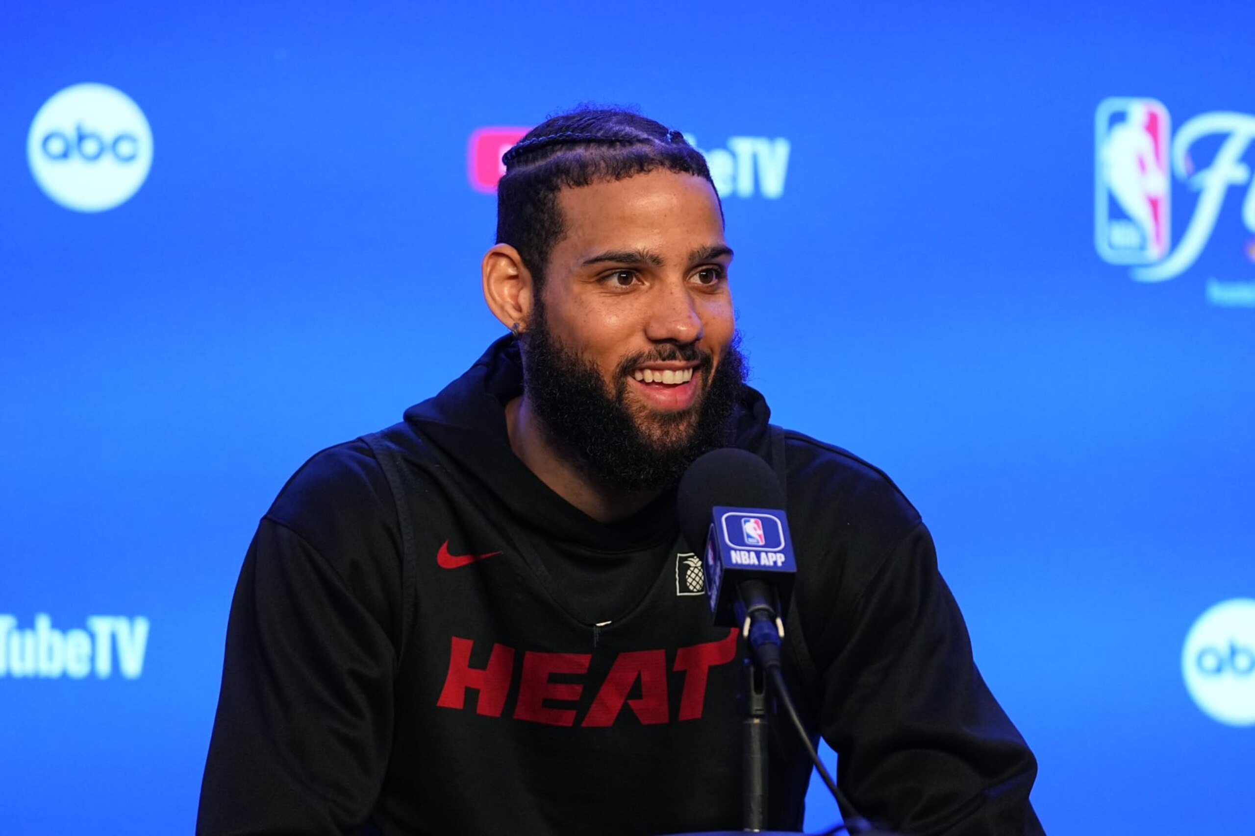 DENVER, CO - MAY 31: Caleb Martin of the Miami Heat speaks to the media during 2023 NBA Finals Practice and Media Availability on May 31, 2023 at the Ball Arena in Denver, Colorado. NOTE TO USER: User expressly acknowledges and agrees that, by downloading and/or using this Photograph, user is consenting to the terms and conditions of the Getty Images License Agreement. Mandatory Copyright Notice: Copyright 2023 NBAE (Photo by Bart Young/NBAE via Getty Images)