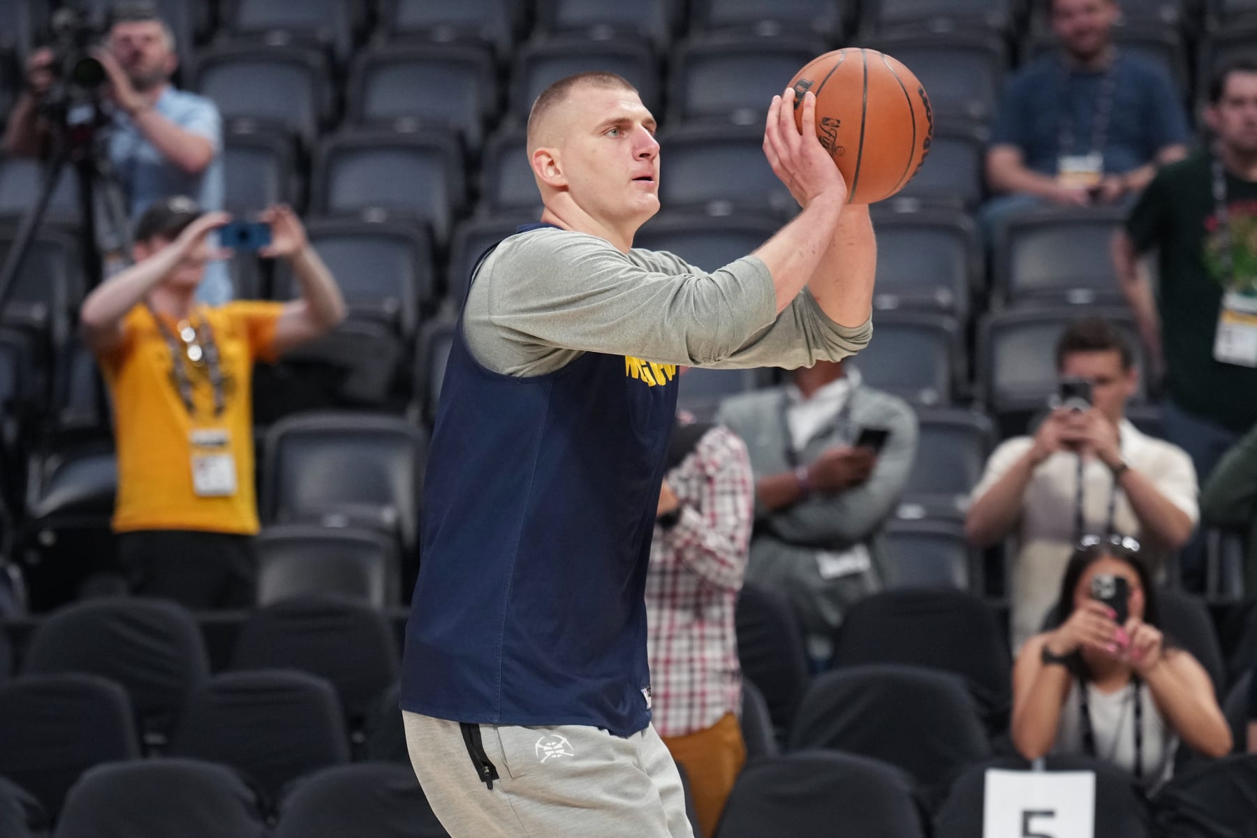 DENVER, CO - MAY 31: Nikola Jokic #15 of the Denver Nuggets shoots the ball during 2023 NBA Finals Practice and Media Availability on May 31, 2023 at the Ball Arena in Denver, Colorado. NOTE TO USER: User expressly acknowledges and agrees that, by downloading and/or using this Photograph, user is consenting to the terms and conditions of the Getty Images License Agreement. Mandatory Copyright Notice: Copyright 2023 NBAE (Photo by Jesse D. Garrabrant/NBAE via Getty Images)