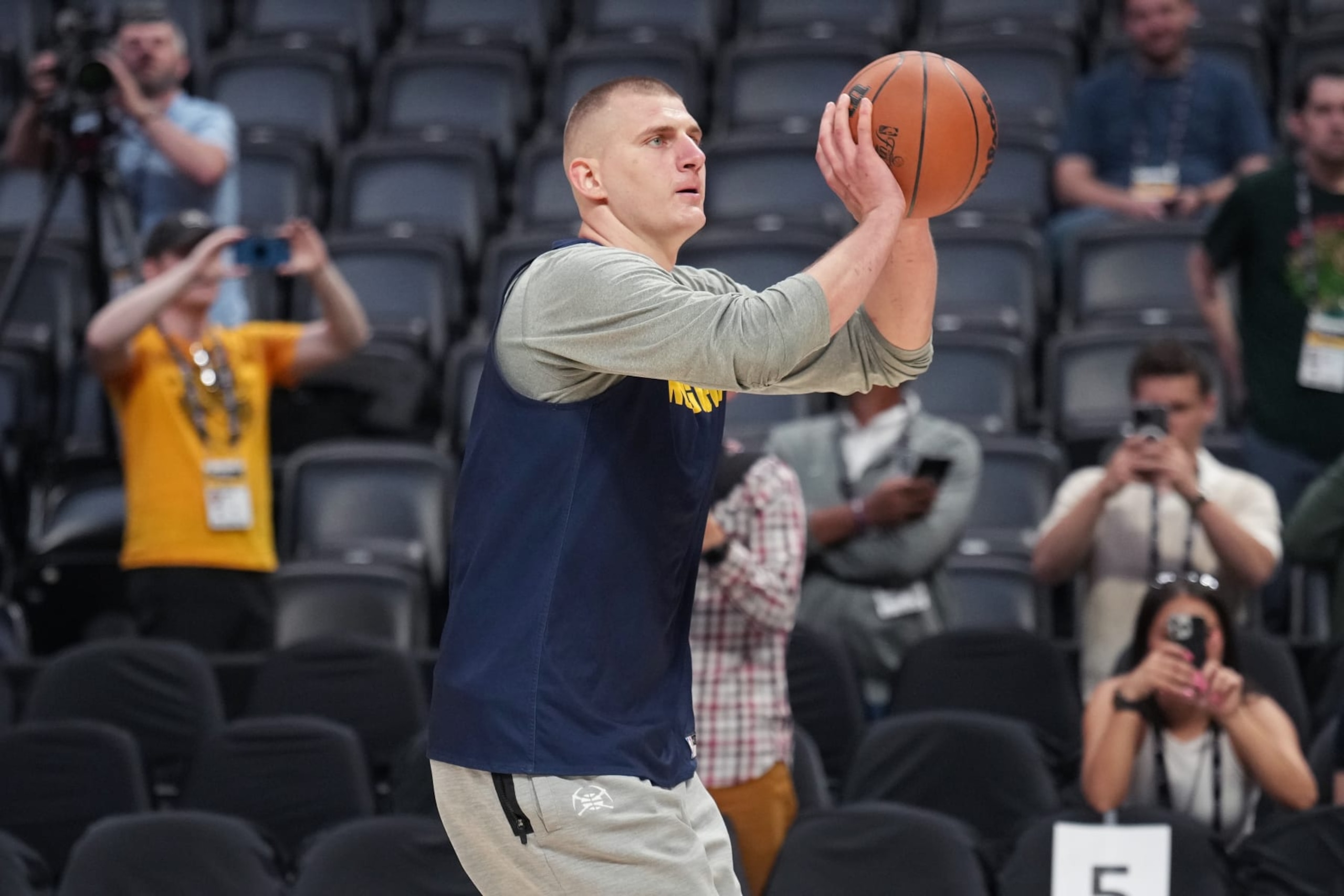 DENVER, CO - MAY 31: Nikola Jokic #15 of the Denver Nuggets shoots the ball during 2023 NBA Finals Practice and Media Availability on May 31, 2023 at the Ball Arena in Denver, Colorado. NOTE TO USER: User expressly acknowledges and agrees that, by downloading and/or using this Photograph, user is consenting to the terms and conditions of the Getty Images License Agreement. Mandatory Copyright Notice: Copyright 2023 NBAE (Photo by Jesse D. Garrabrant/NBAE via Getty Images) DENVER, CO - MAY 31: Nikola Jokic #15 of the Denver Nuggets shoots the ball during 2023 NBA Finals Practice and Media Availability on May 31, 2023 at the Ball Arena in Denver, Colorado. NOTE TO USER: User expressly acknowledges and agrees that, by downloading and/or using this Photograph, user is consenting to the terms and conditions of the Getty Images License Agreement. Mandatory Copyright Notice: Copyright 2023 NBAE (Photo by Jesse D. Garrabrant/NBAE via Getty Images)