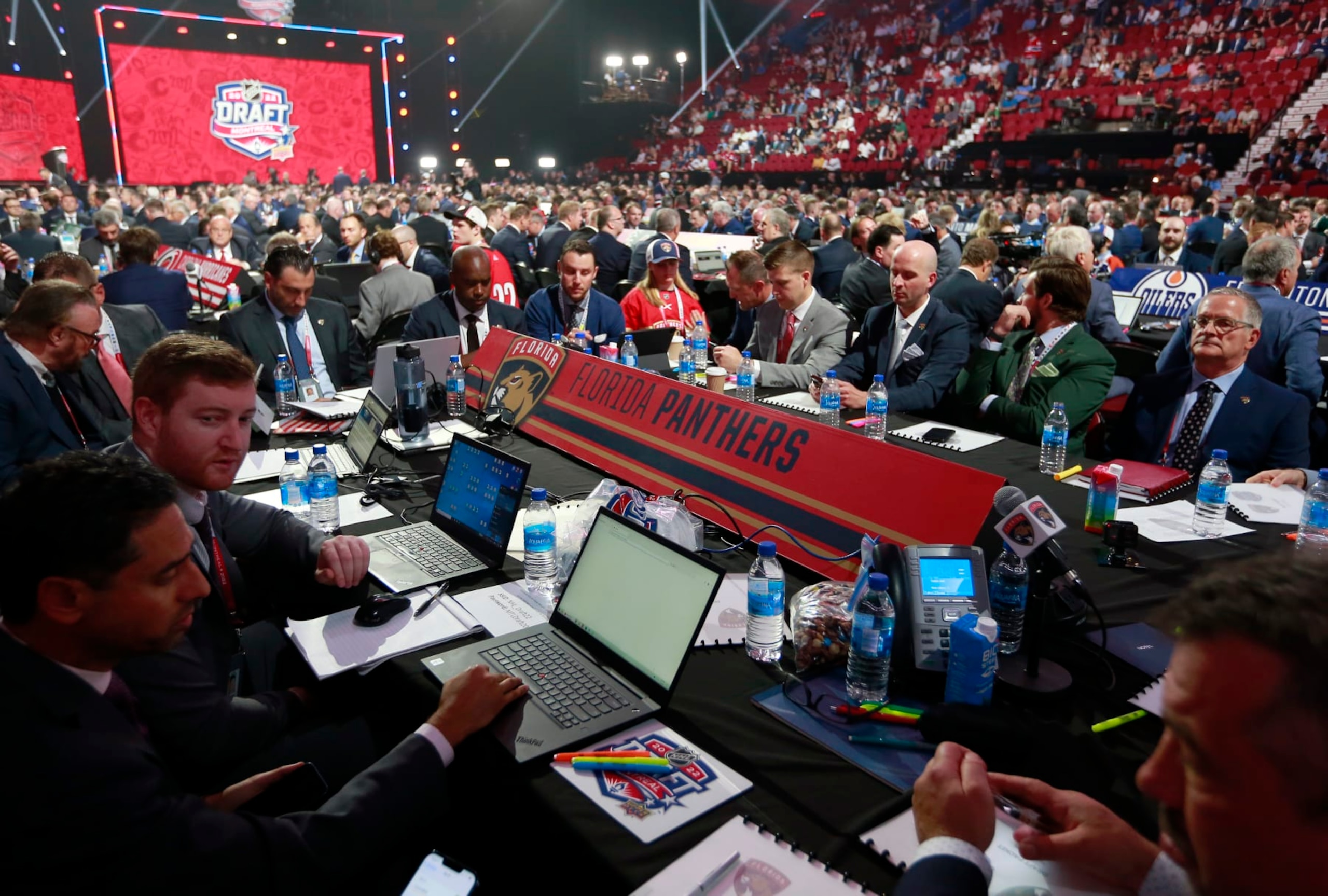 MONTREAL, QUEBEC - JULY 07: A general view of the Florida Panthers draft table prior to the first round of the 2022 Upper Deck NHL Draft at Bell Centre on July 07, 2022 in Montreal, Quebec. (Photo by Jeff Vinnick/NHLI via Getty Images)