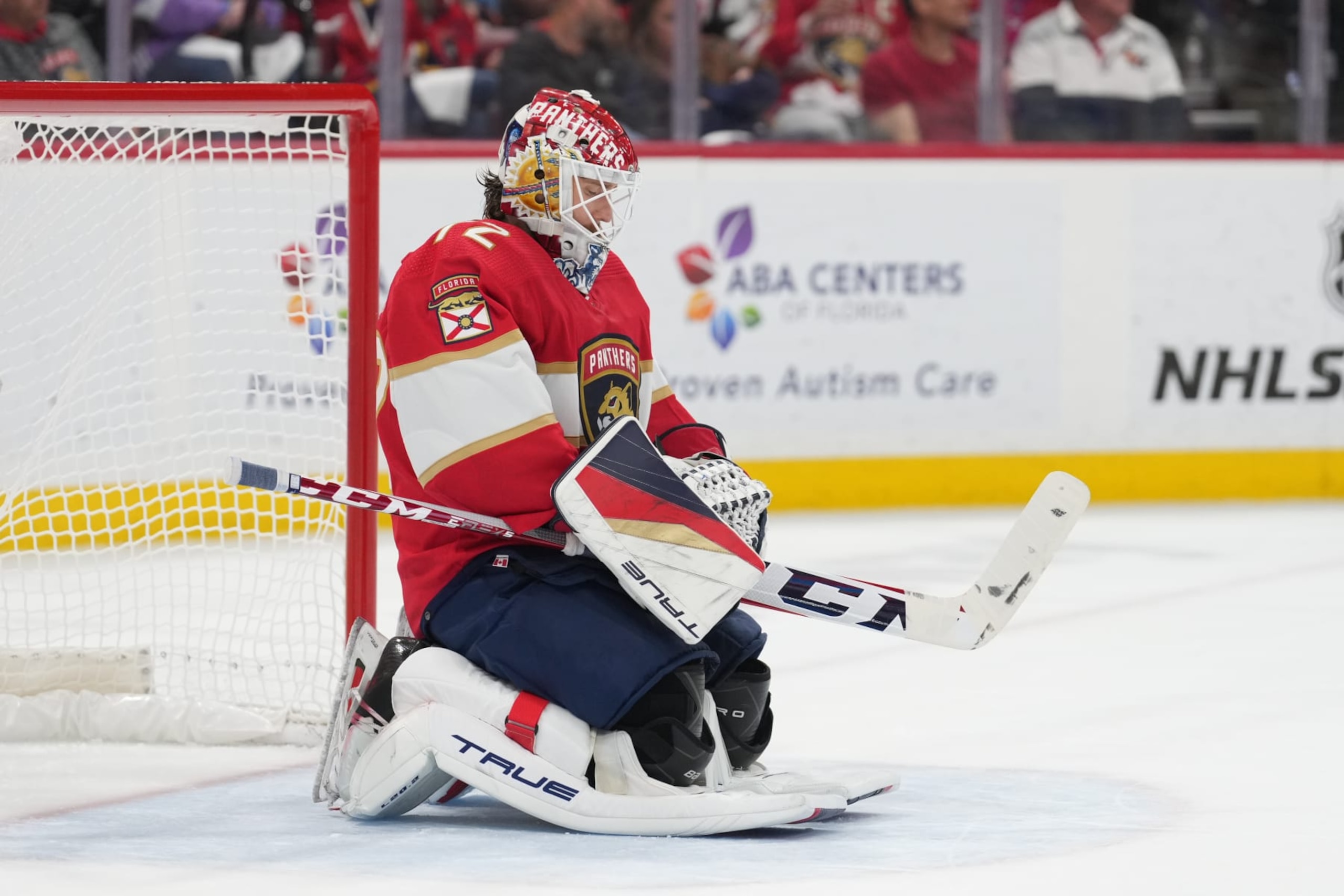 SUNRISE, FL - MAY 24: Florida Panthers goaltender Sergei Bobrovsky (72) takes a moment to focus during a stop in play during game four of the Eastern Conference Finals between the Carolina Hurricanes and the Florida Panthers on Wednesday, May 24, 2023 at FLA Live Arena in Sunrise, Fla. (Photo by Peter Joneleit/Icon Sportswire via Getty Images)